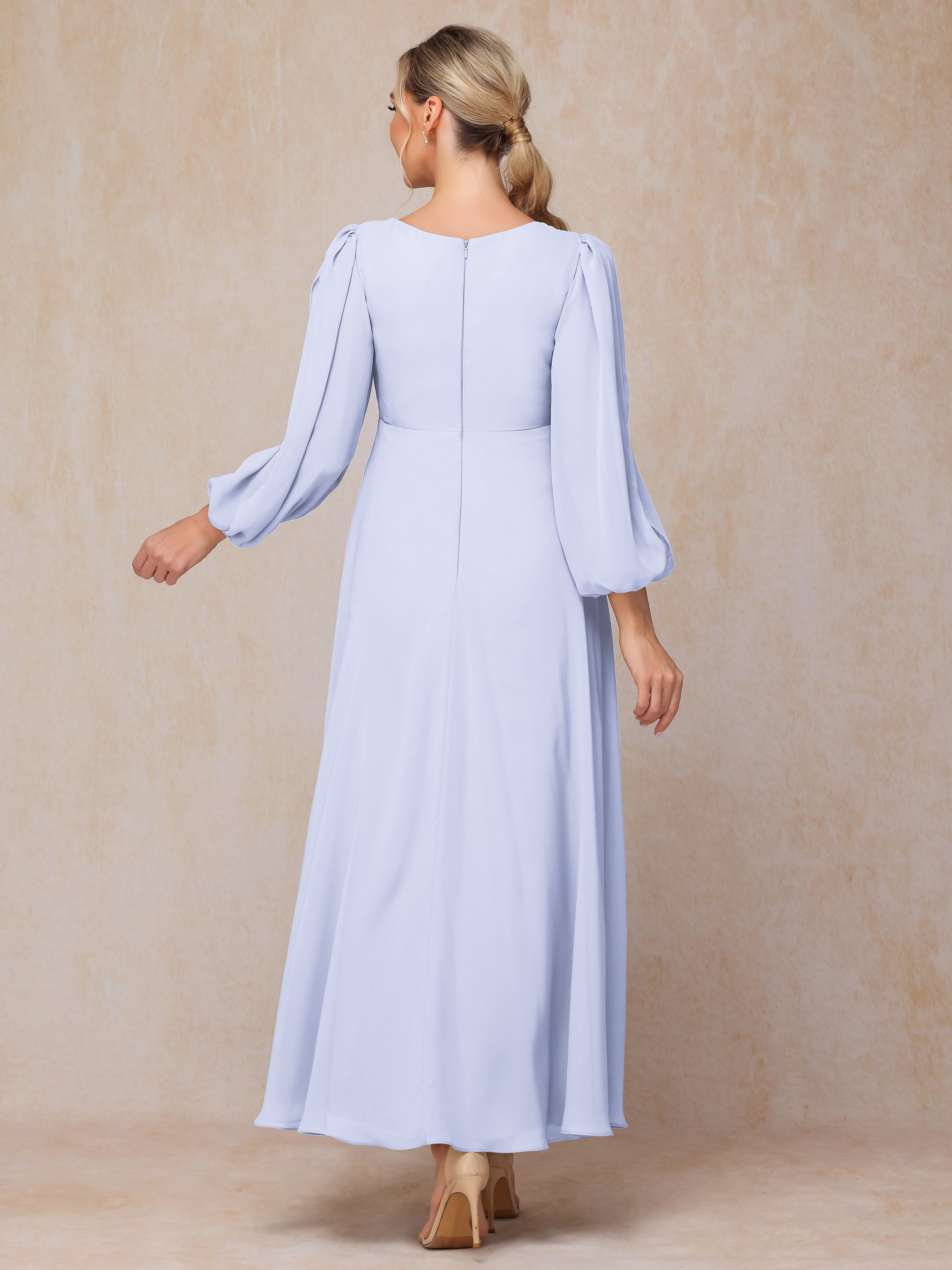 Long Sleeves V Neck Ankle Length Chiffon Wedding Guest Dresses