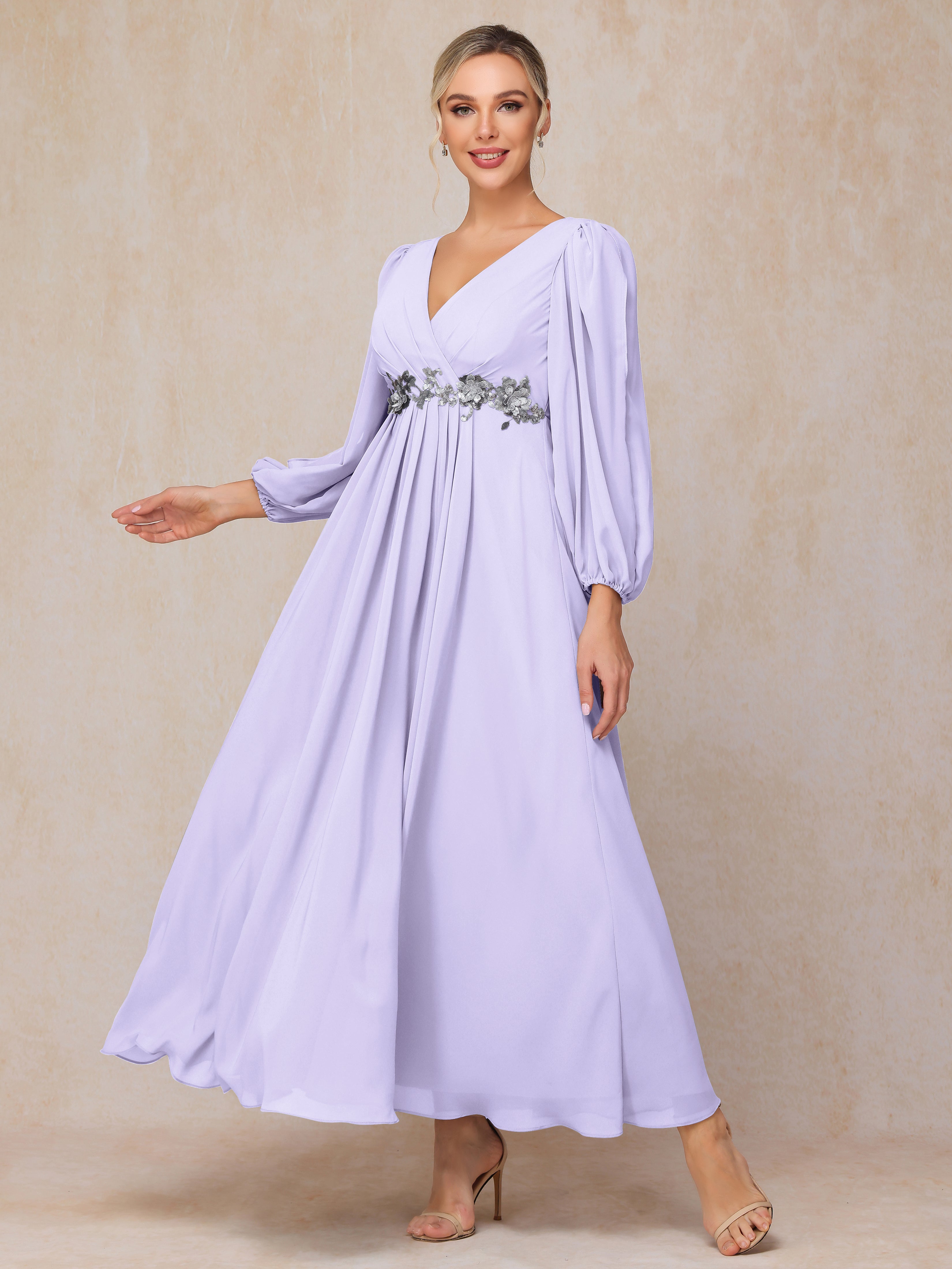 Long Sleeves V Neck Ankle Length Chiffon Wedding Guest Dresses