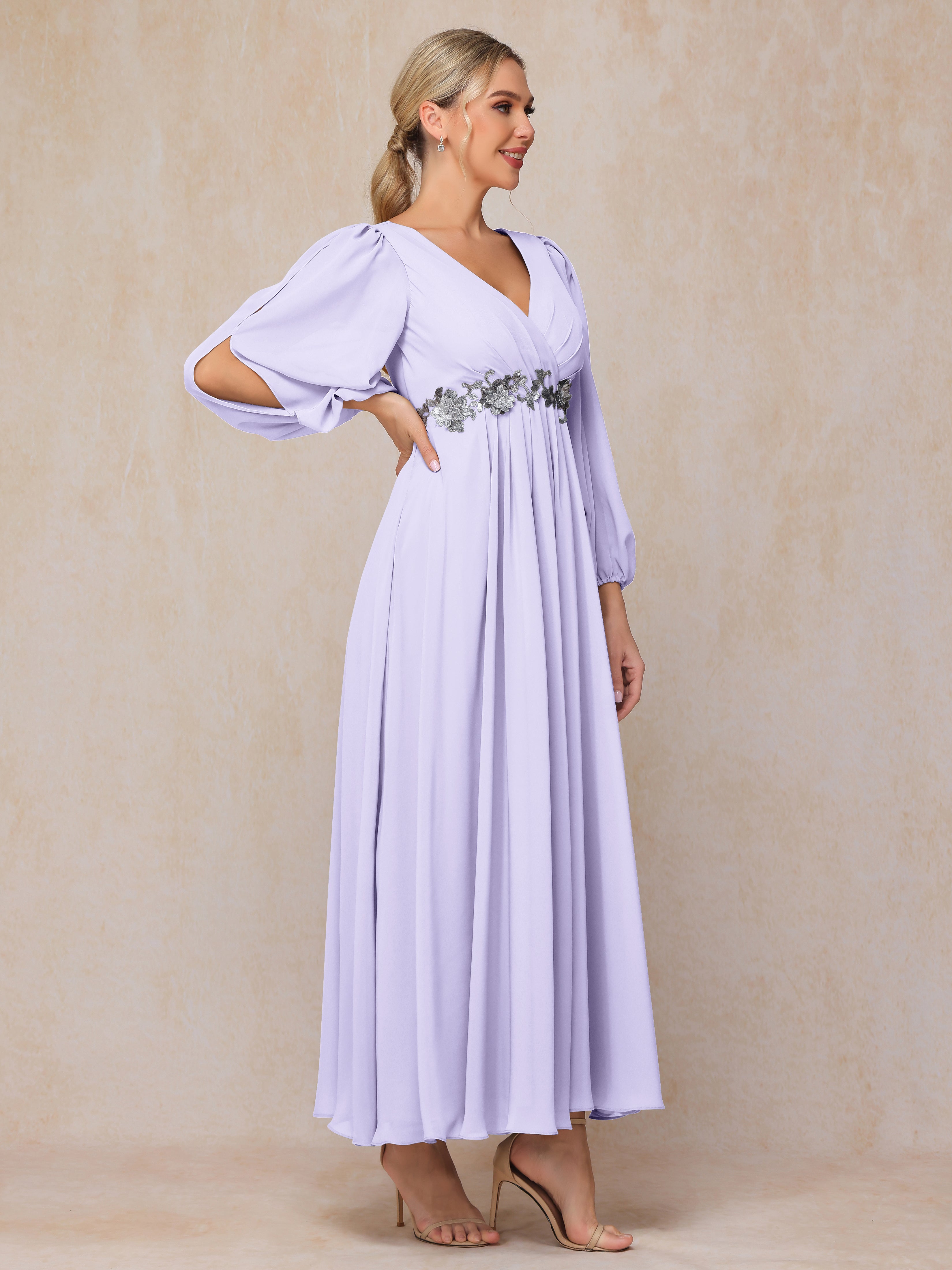 Long Sleeves V Neck Ankle Length Chiffon Wedding Guest Dresses