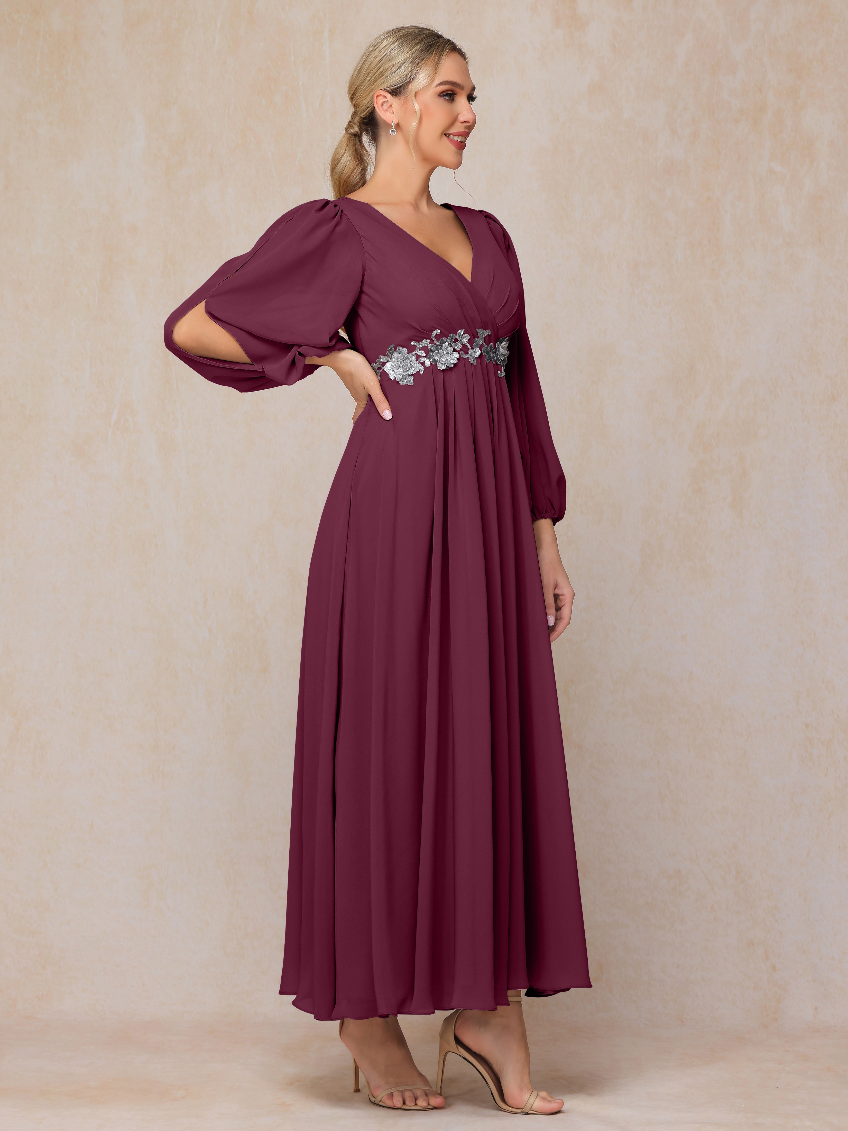 Long Sleeves V Neck Ankle Length Chiffon Mother Of The  Groom Dress