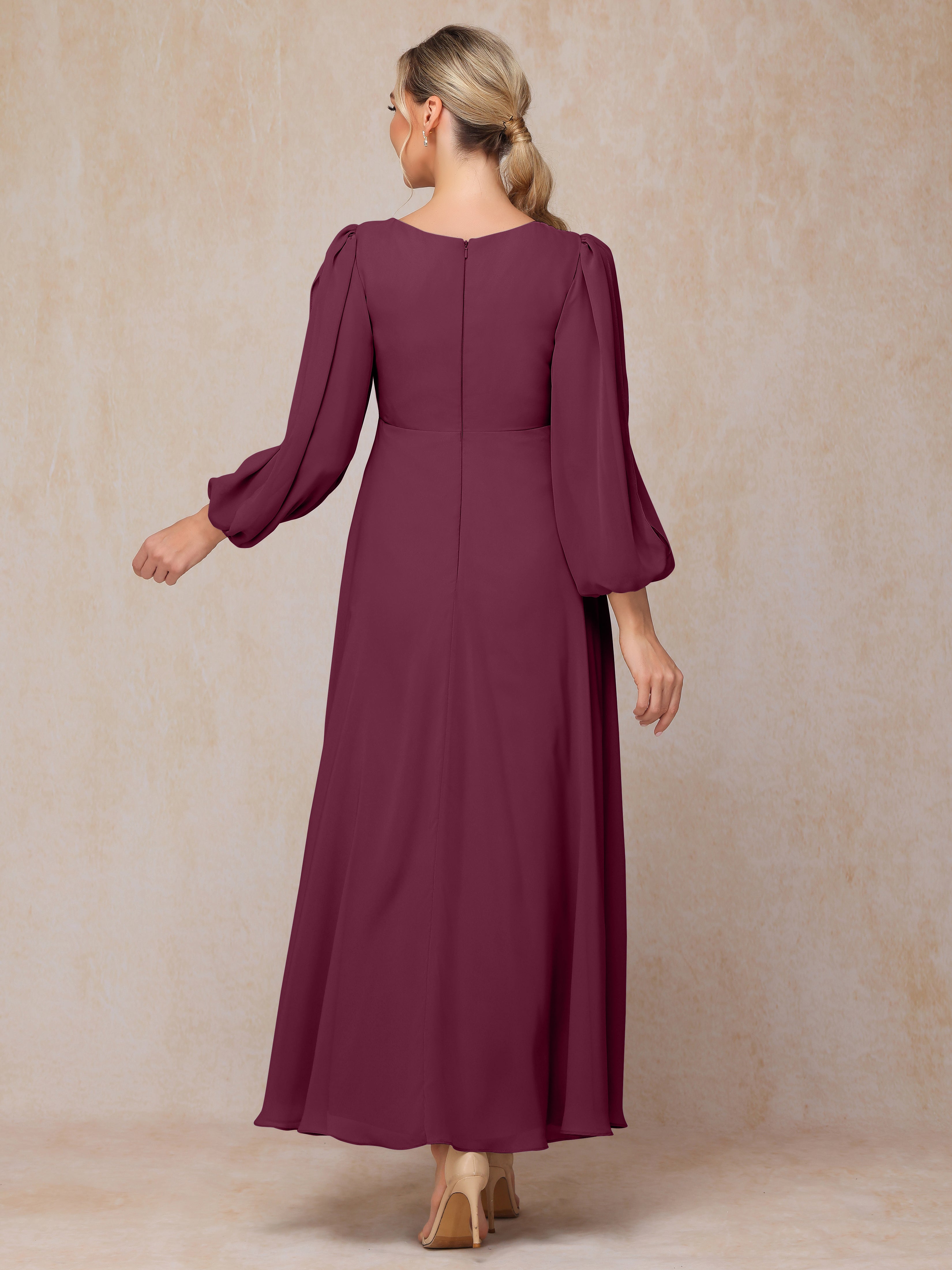 Long Sleeves V Neck Ankle Length Chiffon Wedding Guest Dresses