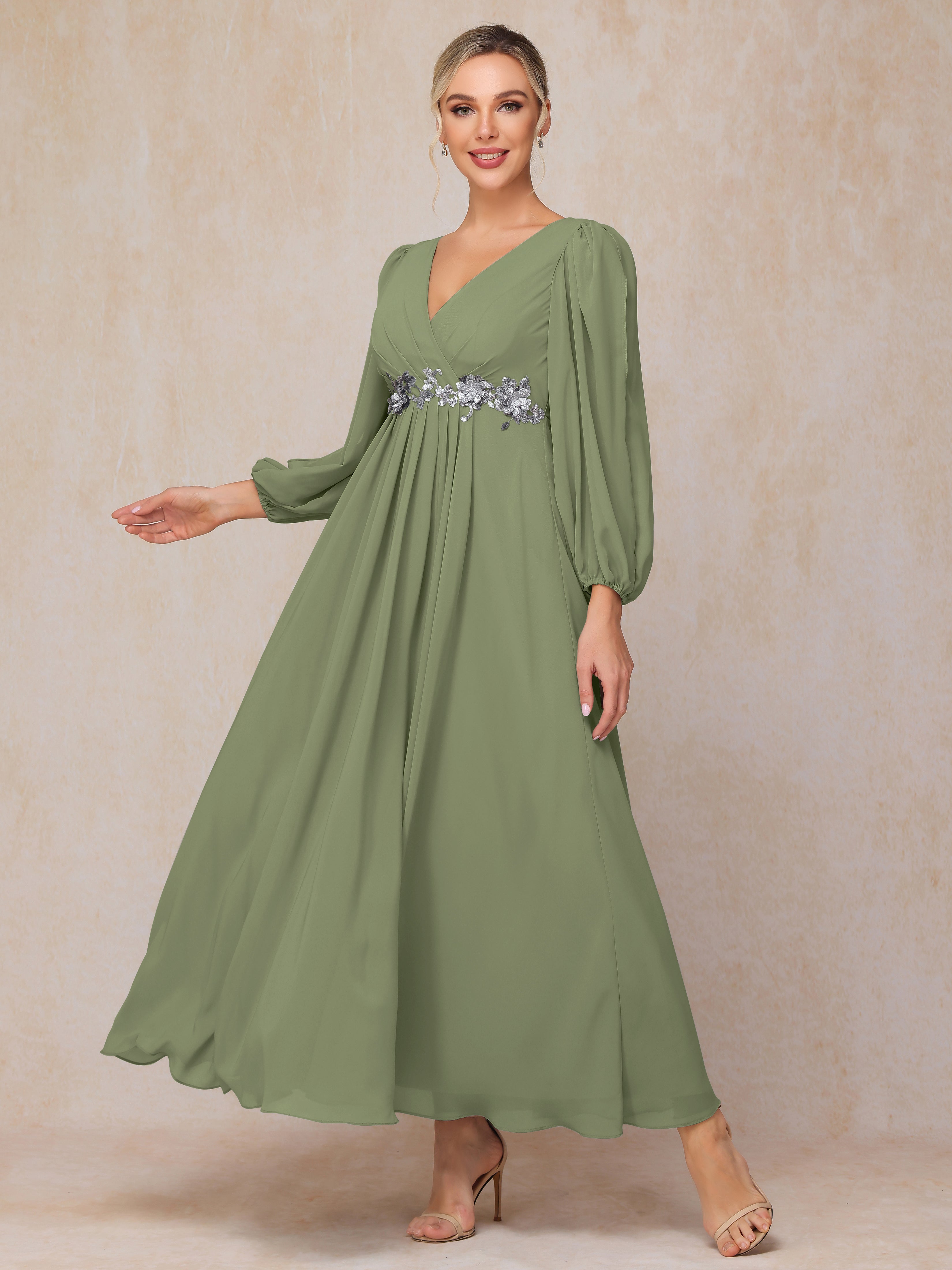 Long Sleeves V Neck Ankle Length Chiffon Mother Of The  Groom Dress