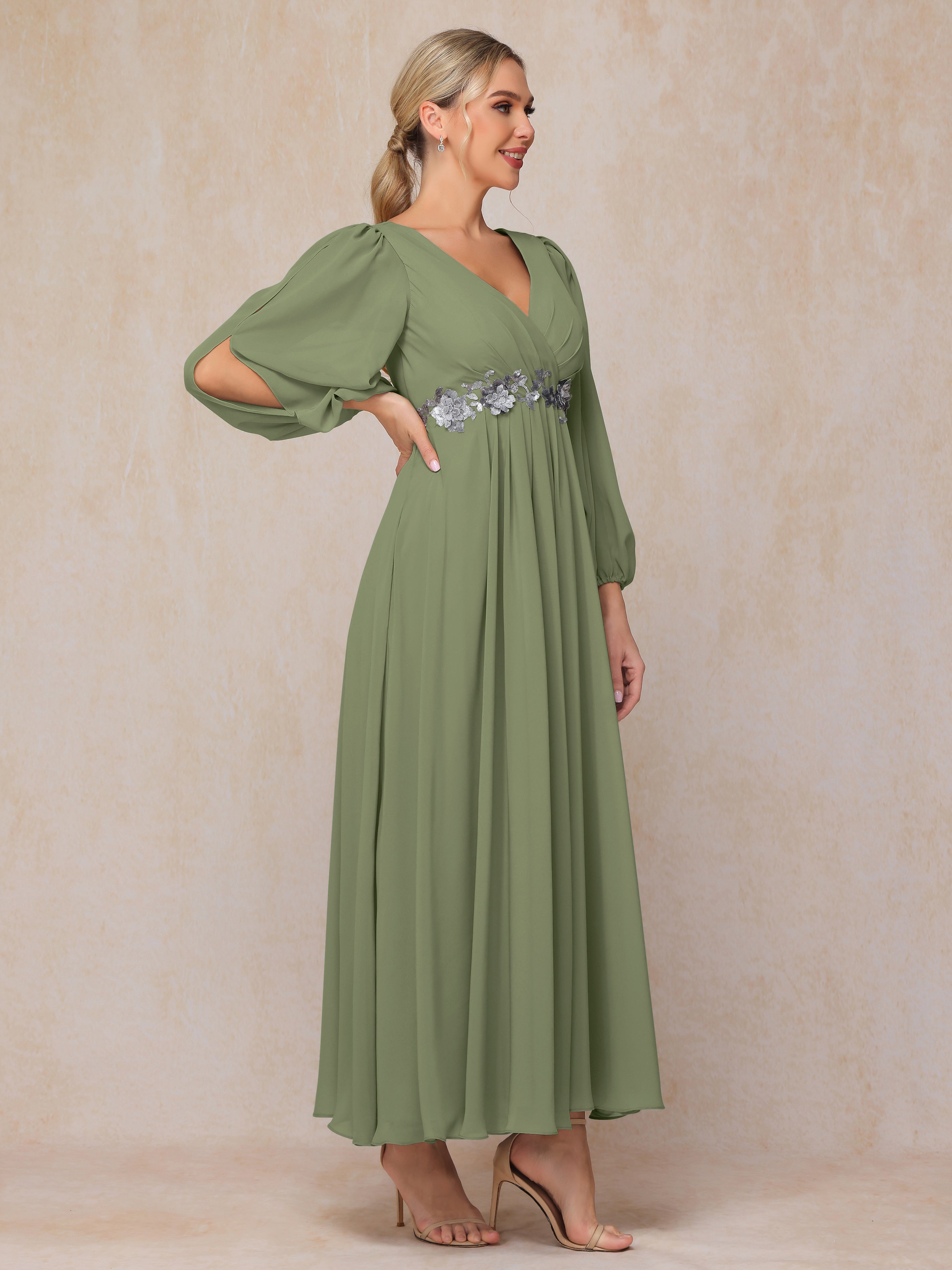 Long Sleeves V Neck Ankle Length Chiffon Wedding Guest Dresses