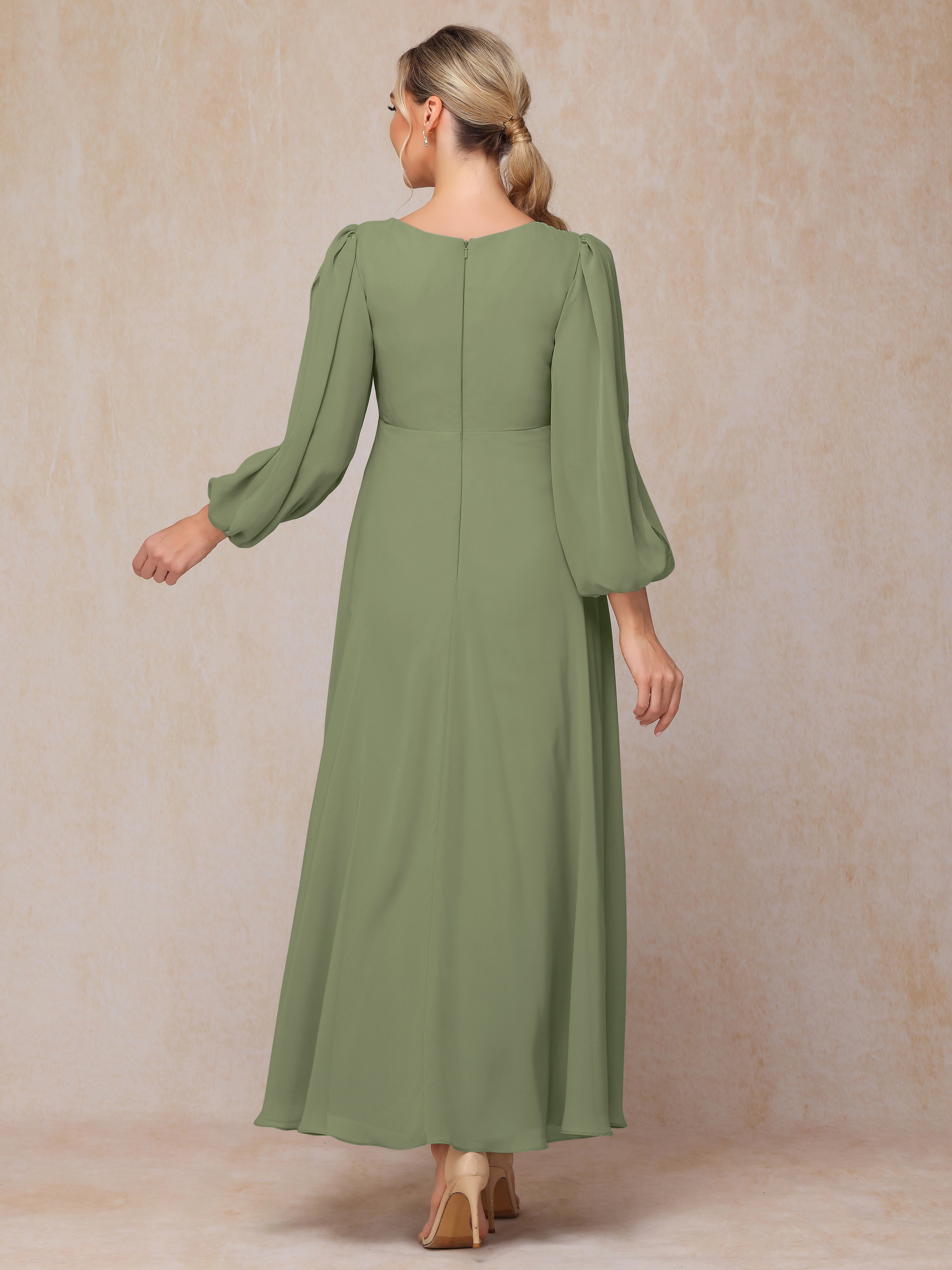 Long Sleeves V Neck Ankle Length Chiffon Mother Of The  Groom Dress