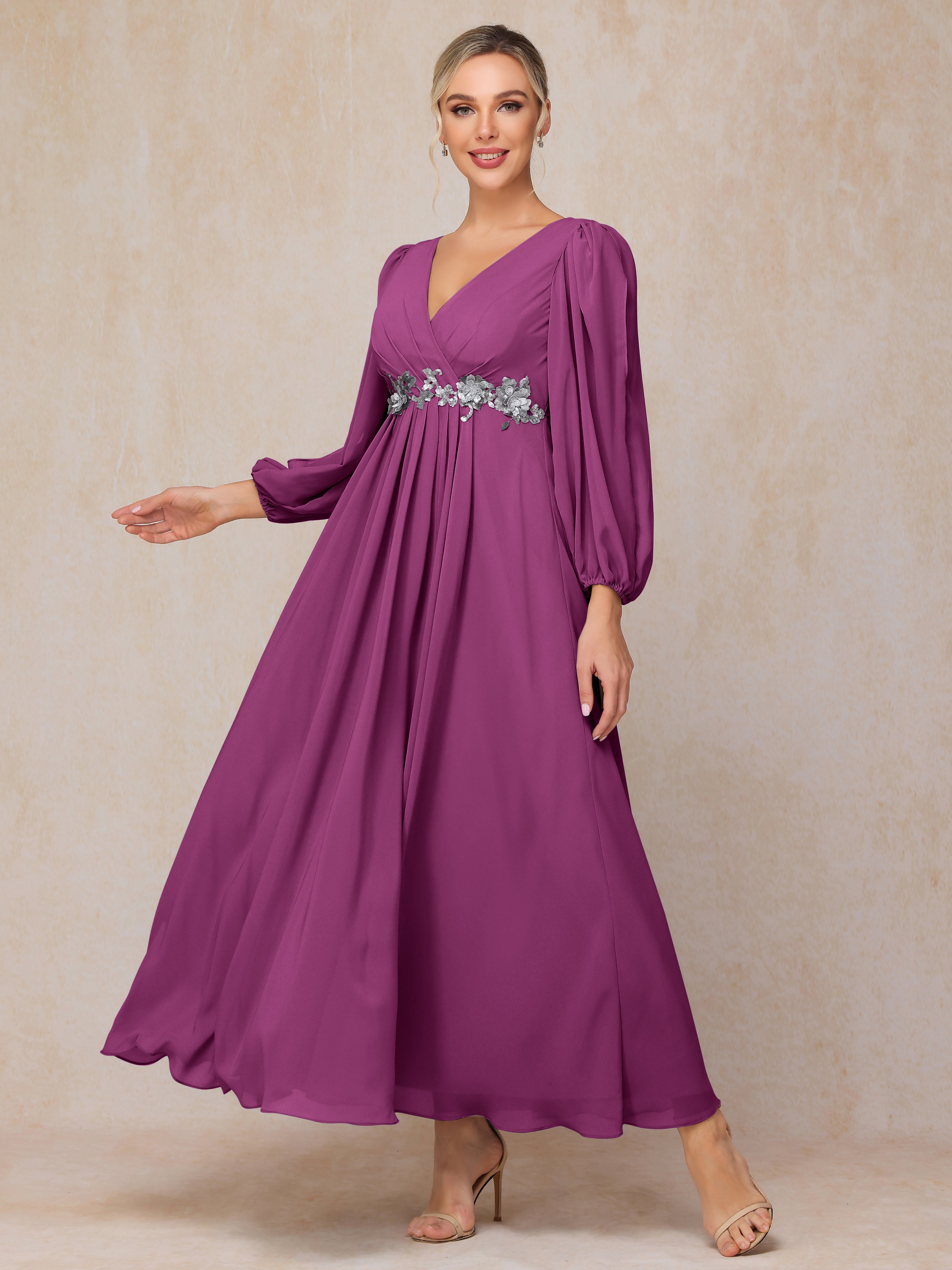 Long Sleeves V Neck Ankle Length Chiffon Wedding Guest Dresses