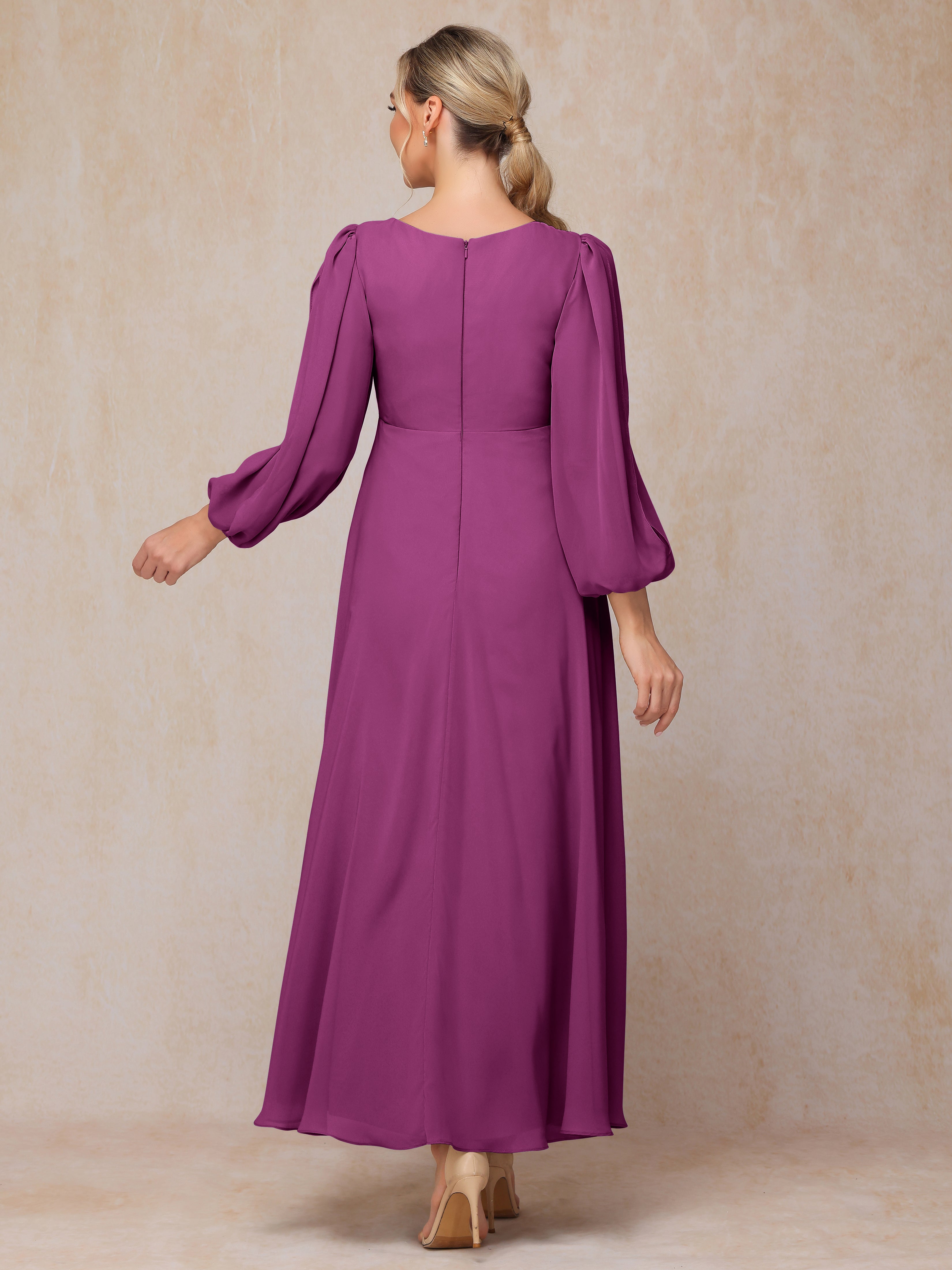 Long Sleeves V Neck Ankle Length Chiffon Mother Of The  Groom Dress