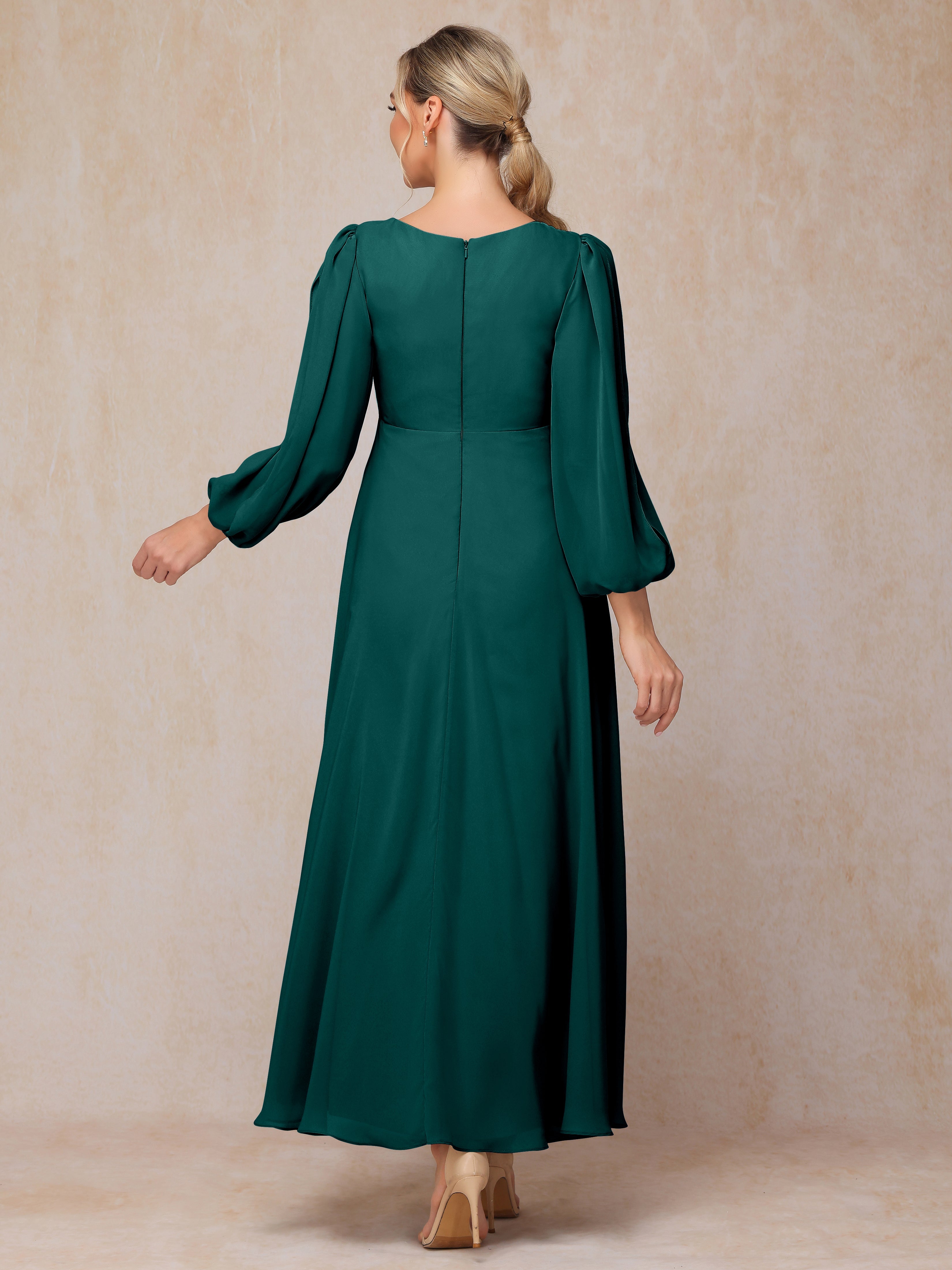 Long Sleeves V Neck Ankle Length Chiffon Mother Of The  Groom Dress