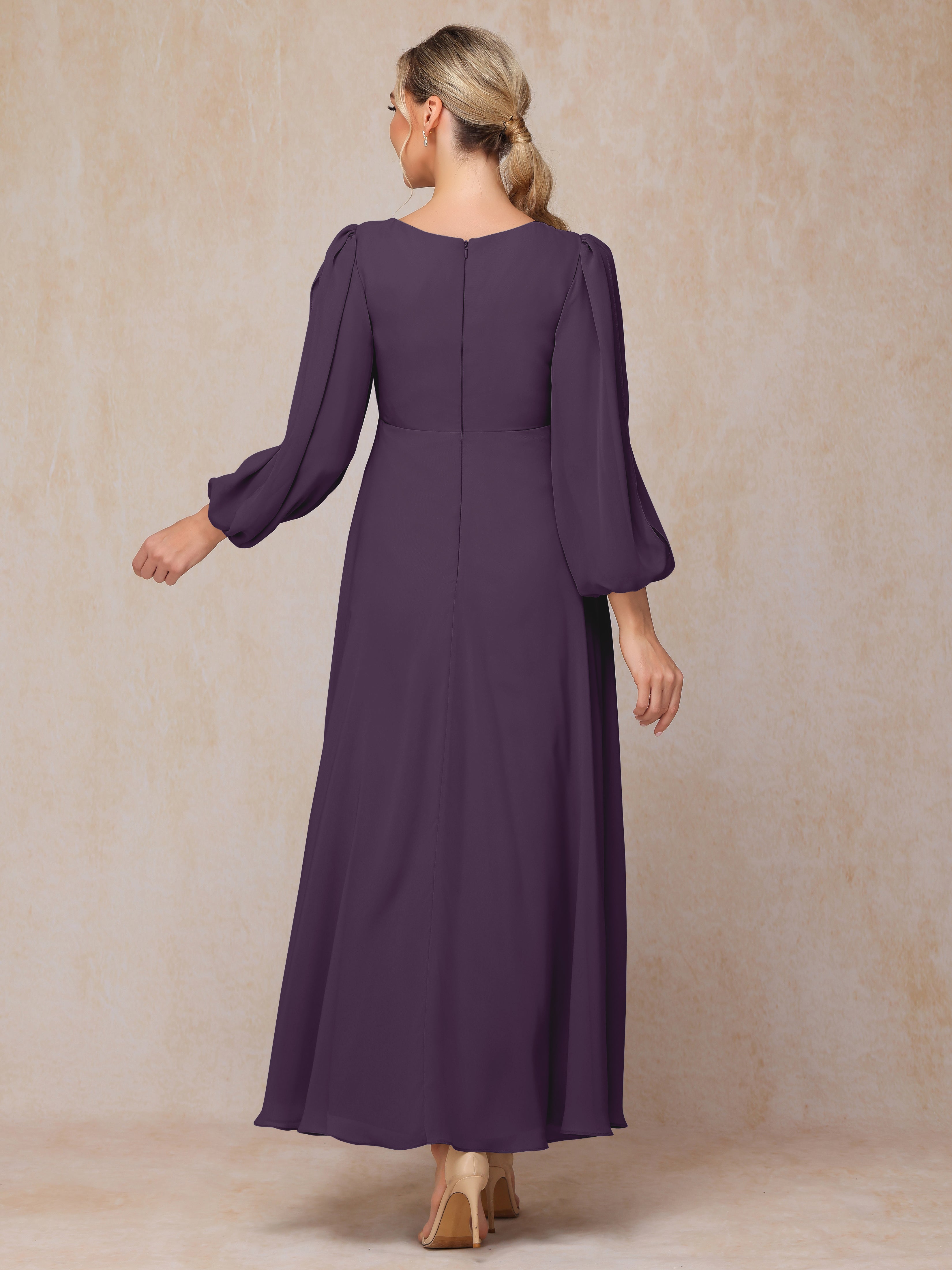 Long Sleeves V Neck Ankle Length Chiffon Mother Of The  Groom Dress