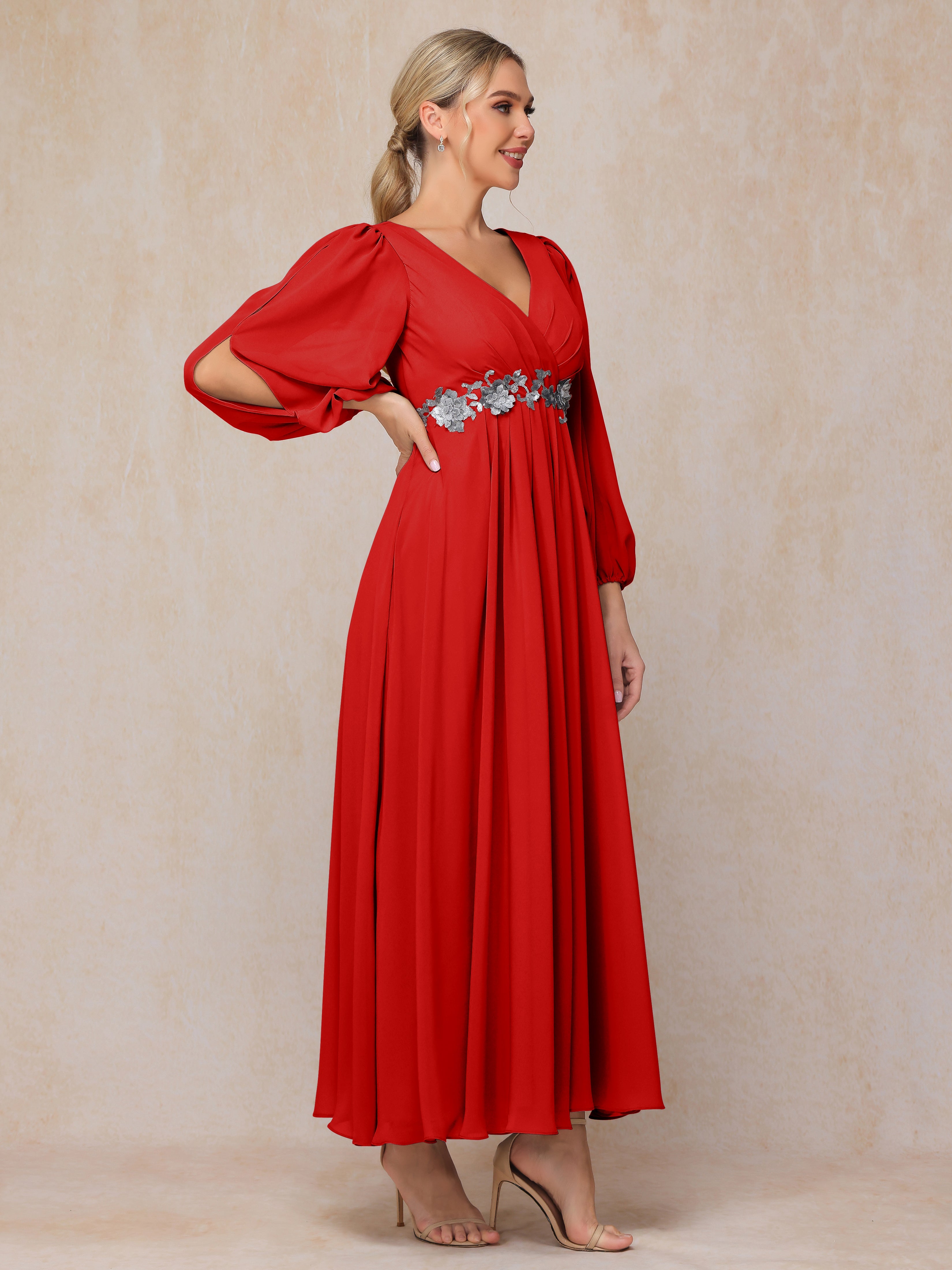 Long Sleeves V Neck Ankle Length Chiffon Wedding Guest Dresses