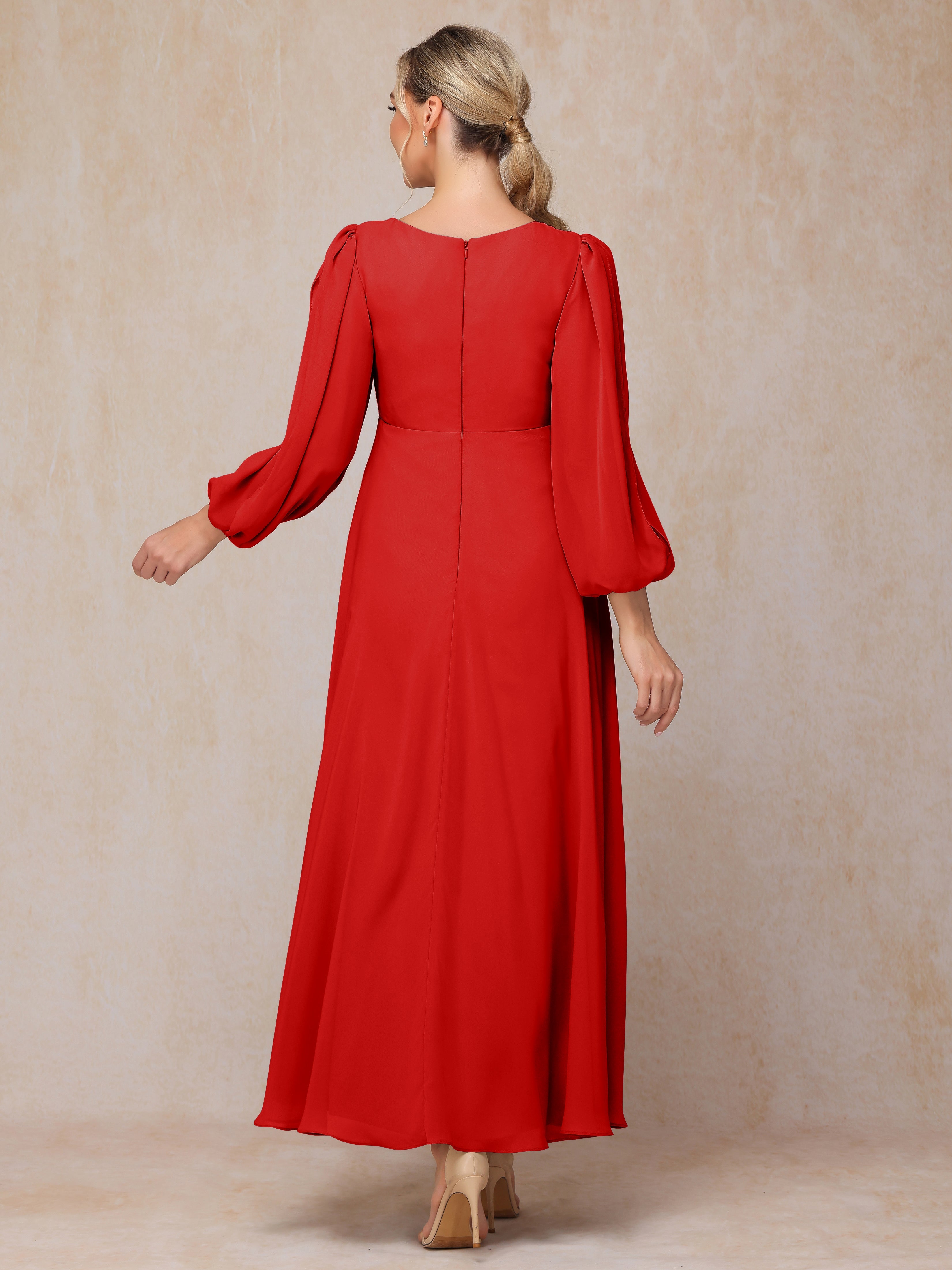 Long Sleeves V Neck Ankle Length Chiffon Wedding Guest Dresses