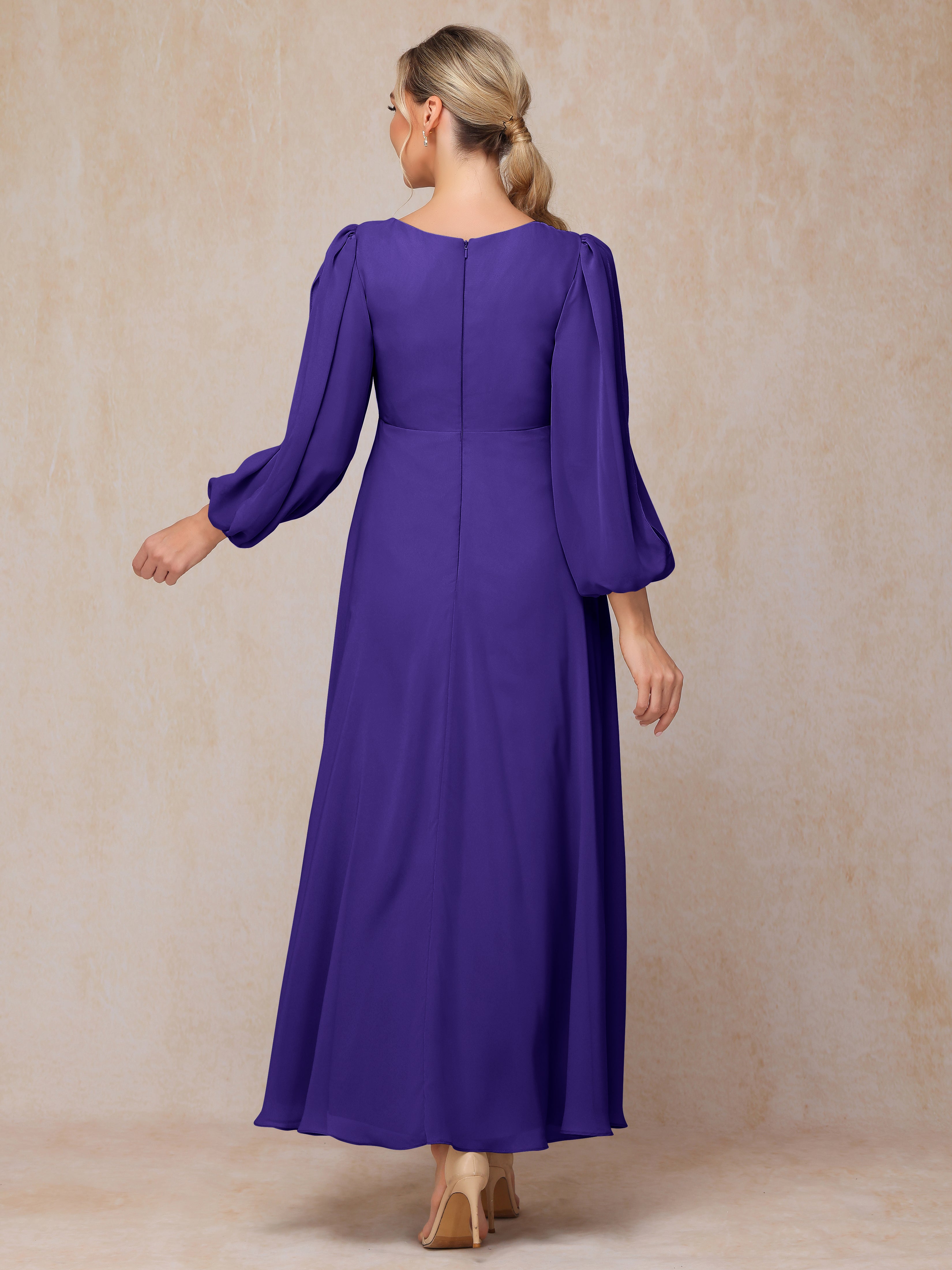 Long Sleeves V Neck Ankle Length Chiffon Mother Of The  Groom Dress