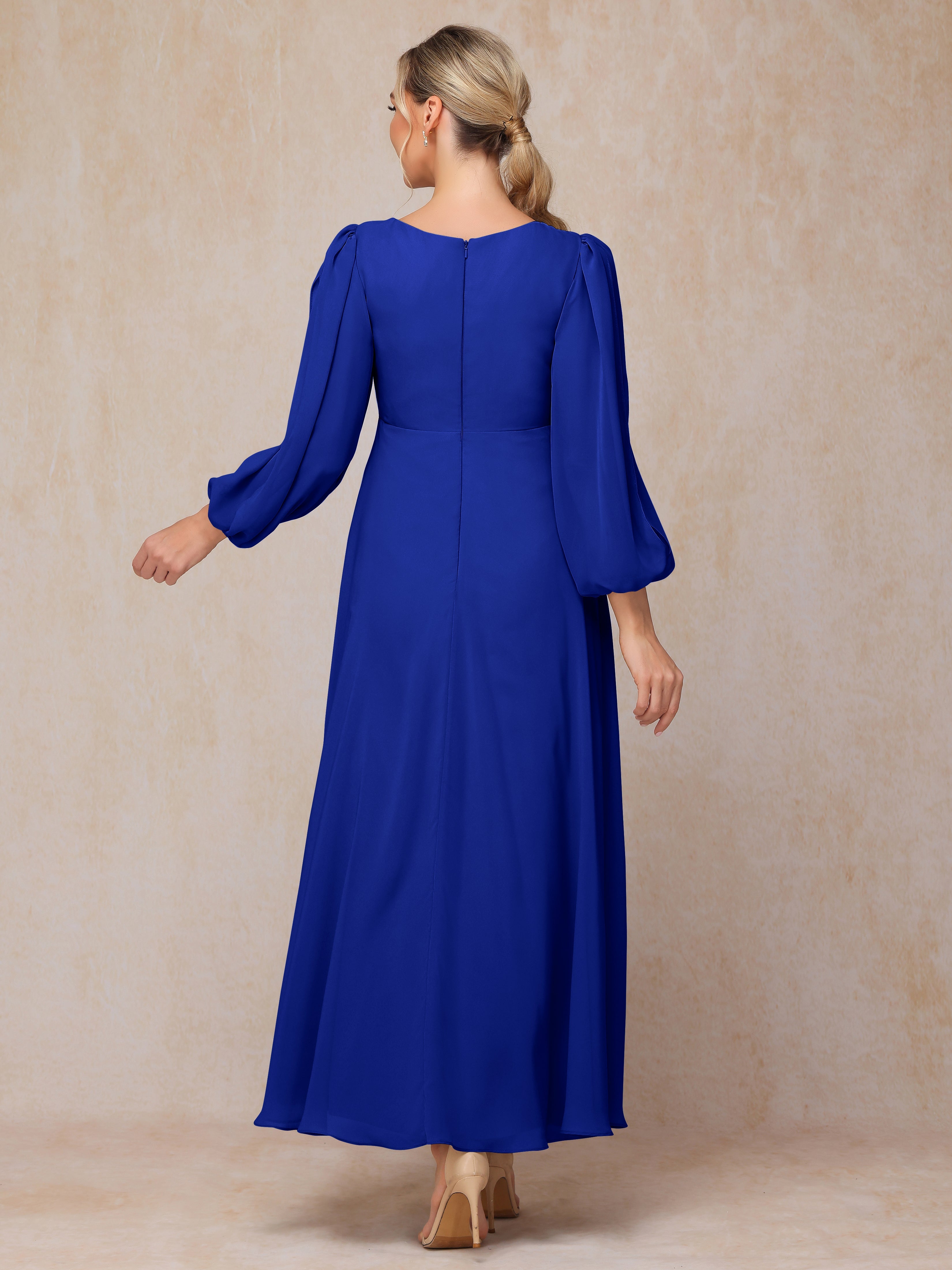 Long Sleeves V Neck Ankle Length Chiffon Wedding Guest Dresses