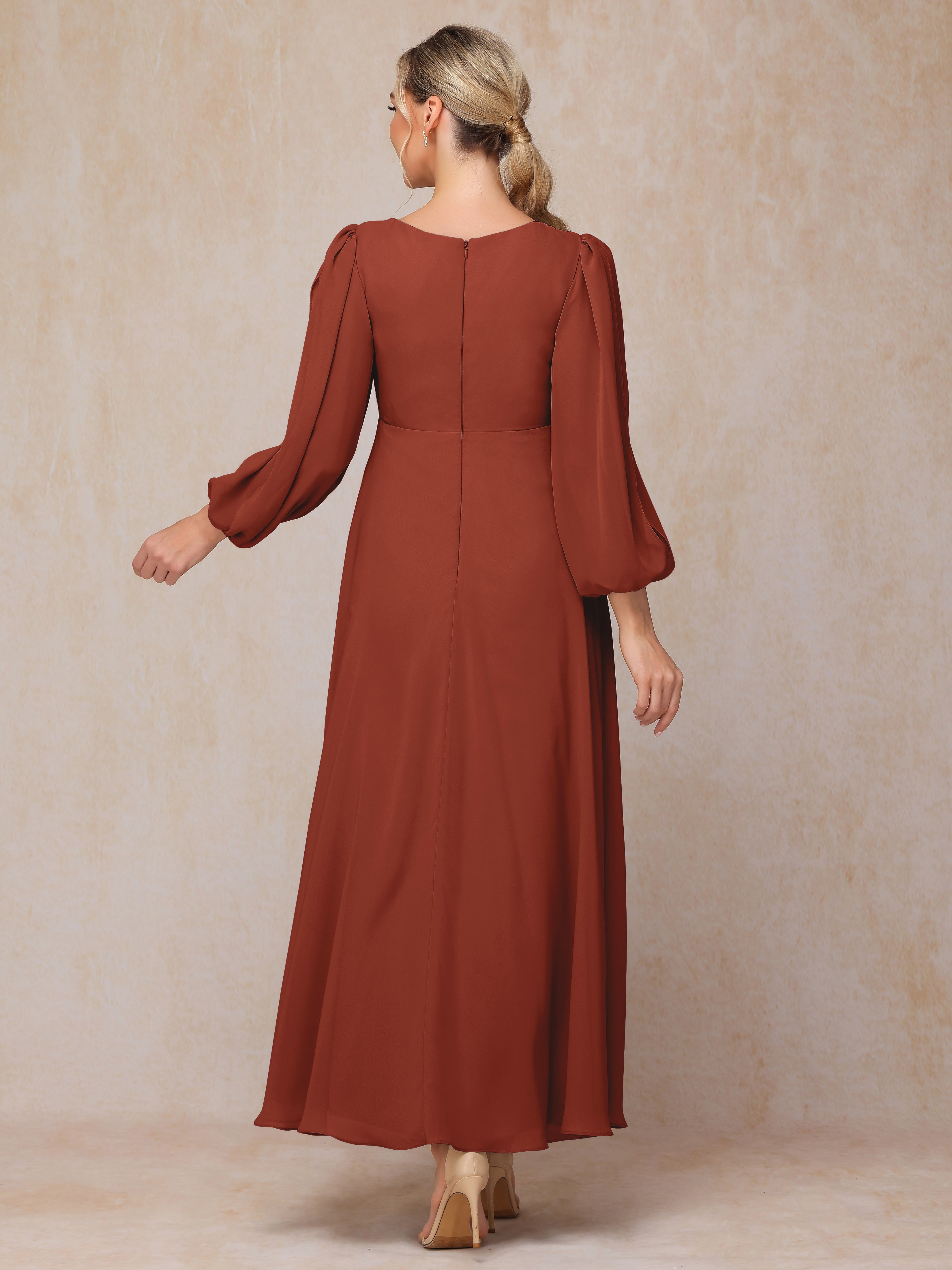 Long Sleeves V Neck Ankle Length Chiffon Mother Of The  Groom Dress