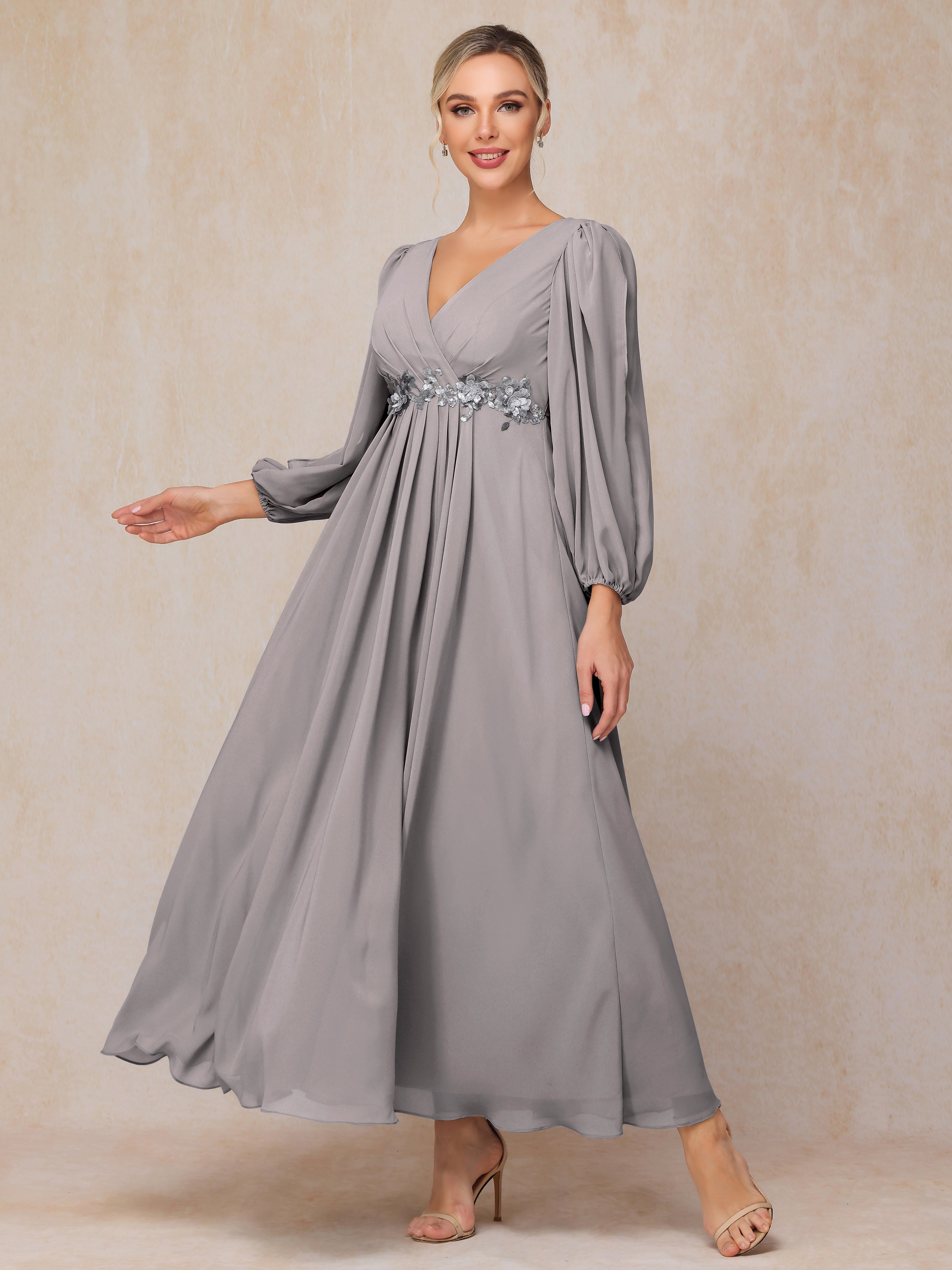 Long Sleeves V Neck Ankle Length Chiffon Wedding Guest Dresses