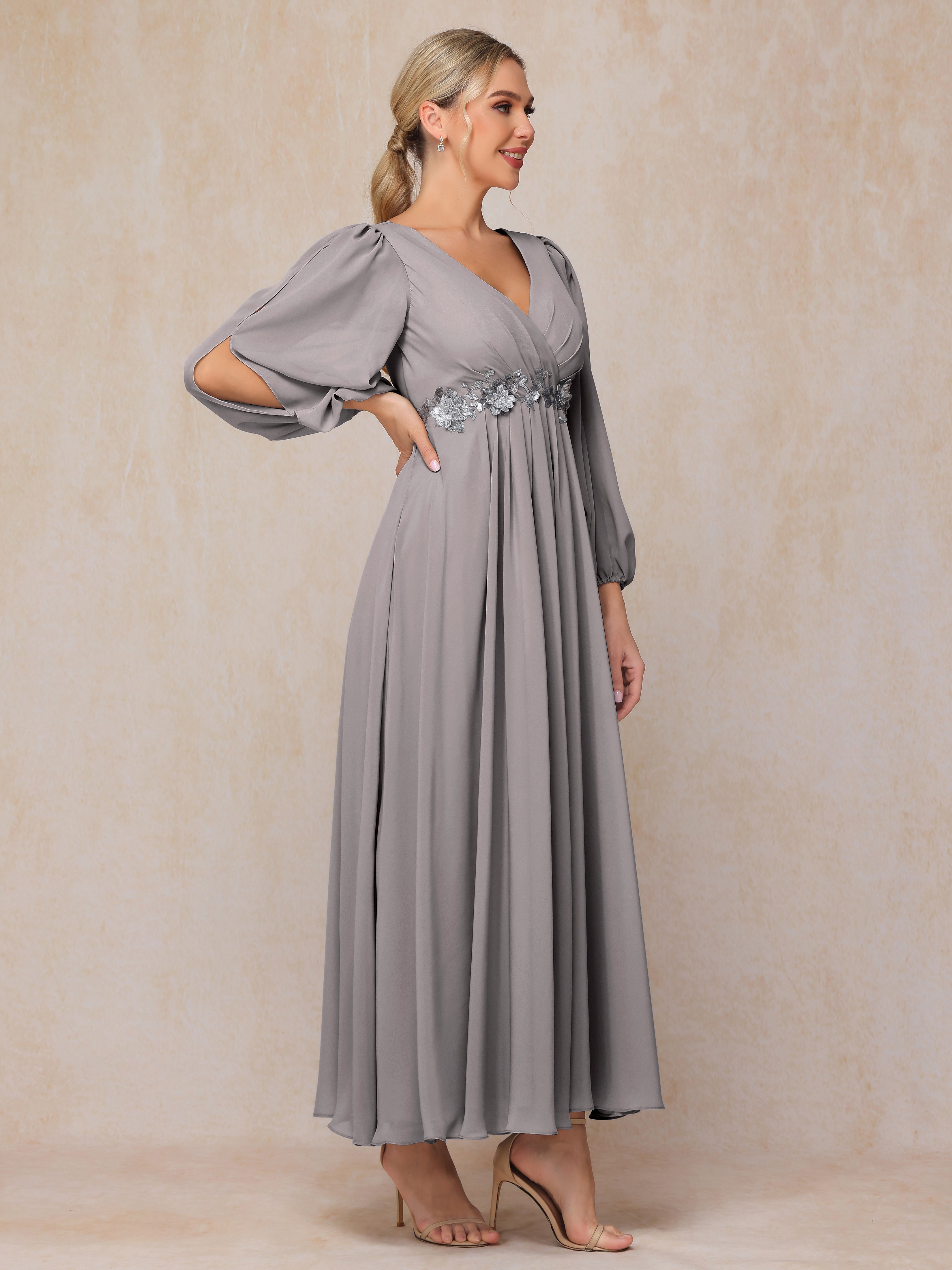 Long Sleeves V Neck Ankle Length Chiffon Mother Of The  Groom Dress