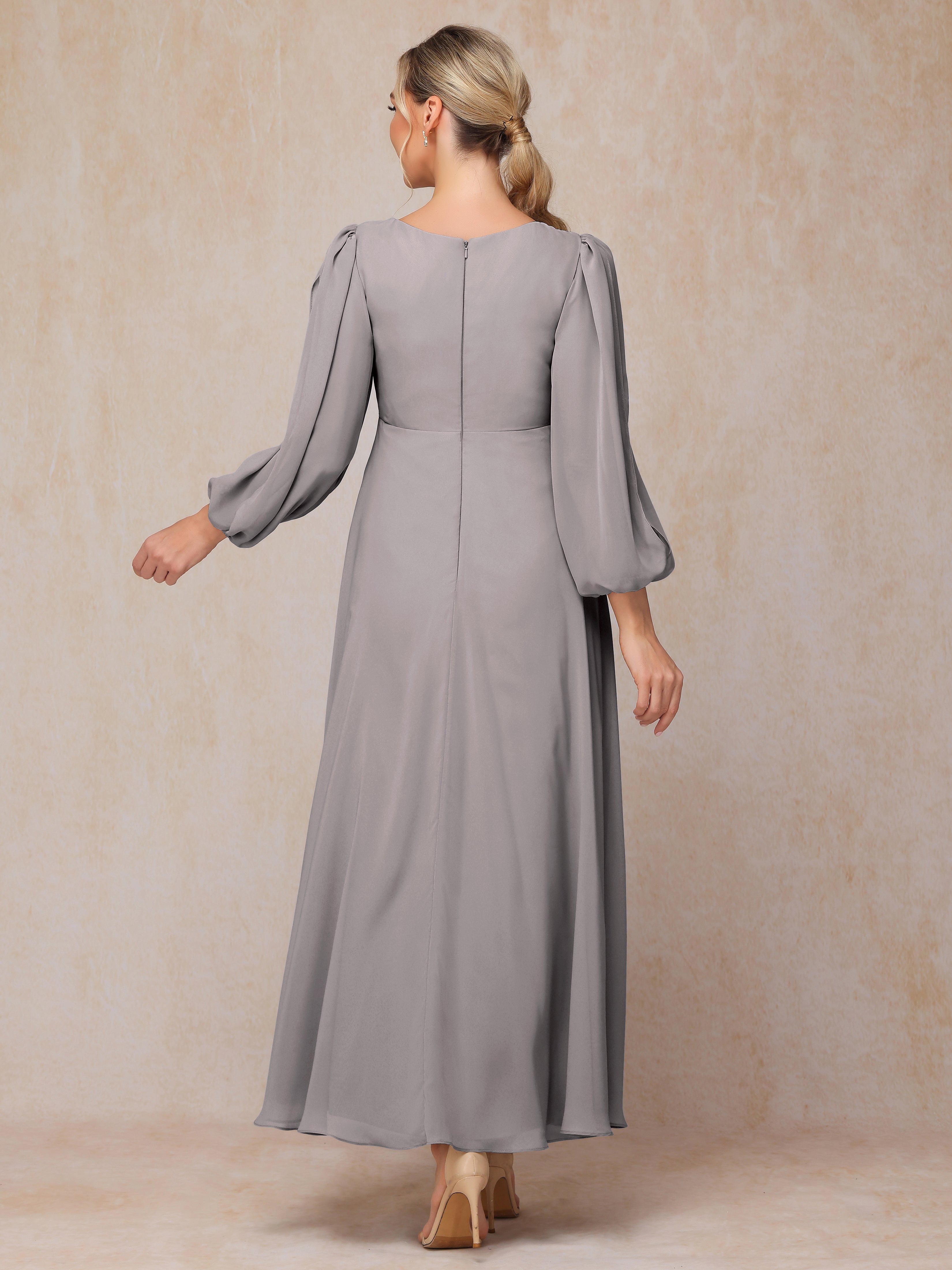 Long Sleeves V Neck Ankle Length Chiffon Mother Of The  Groom Dress