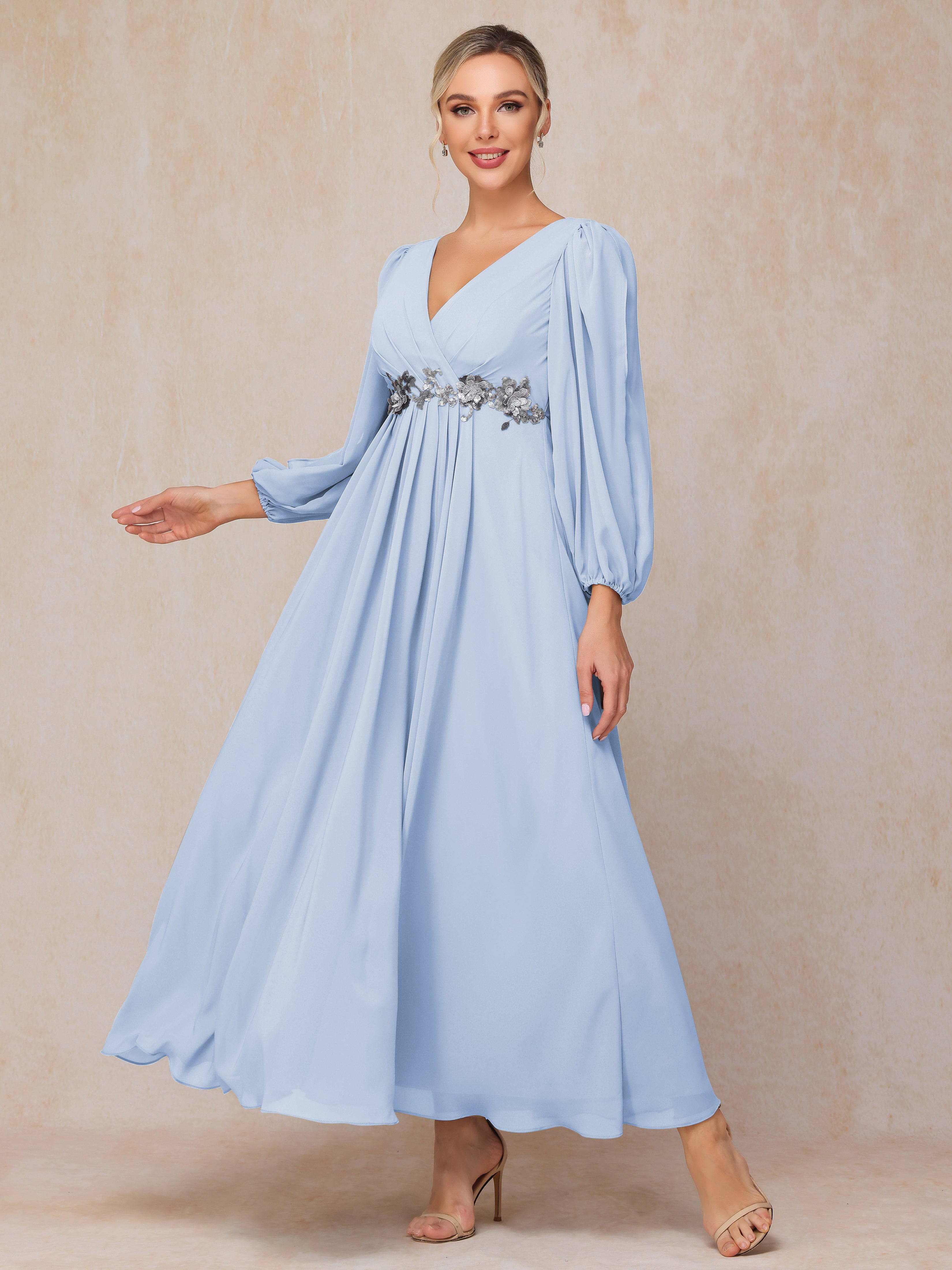 Long Sleeves V Neck Ankle Length Chiffon Mother Of The  Groom Dress