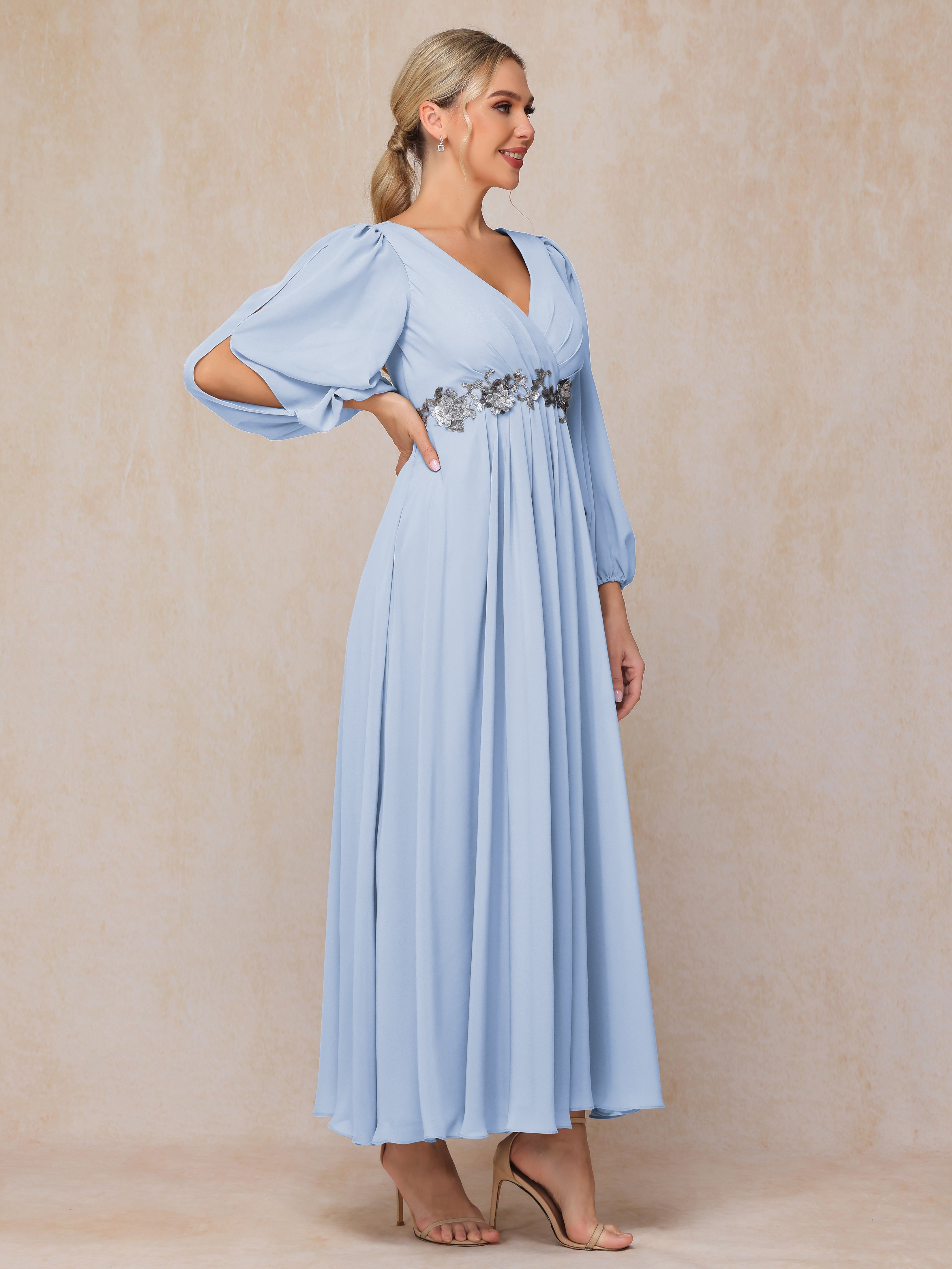 Long Sleeves V Neck Ankle Length Chiffon Mother Of The  Groom Dress