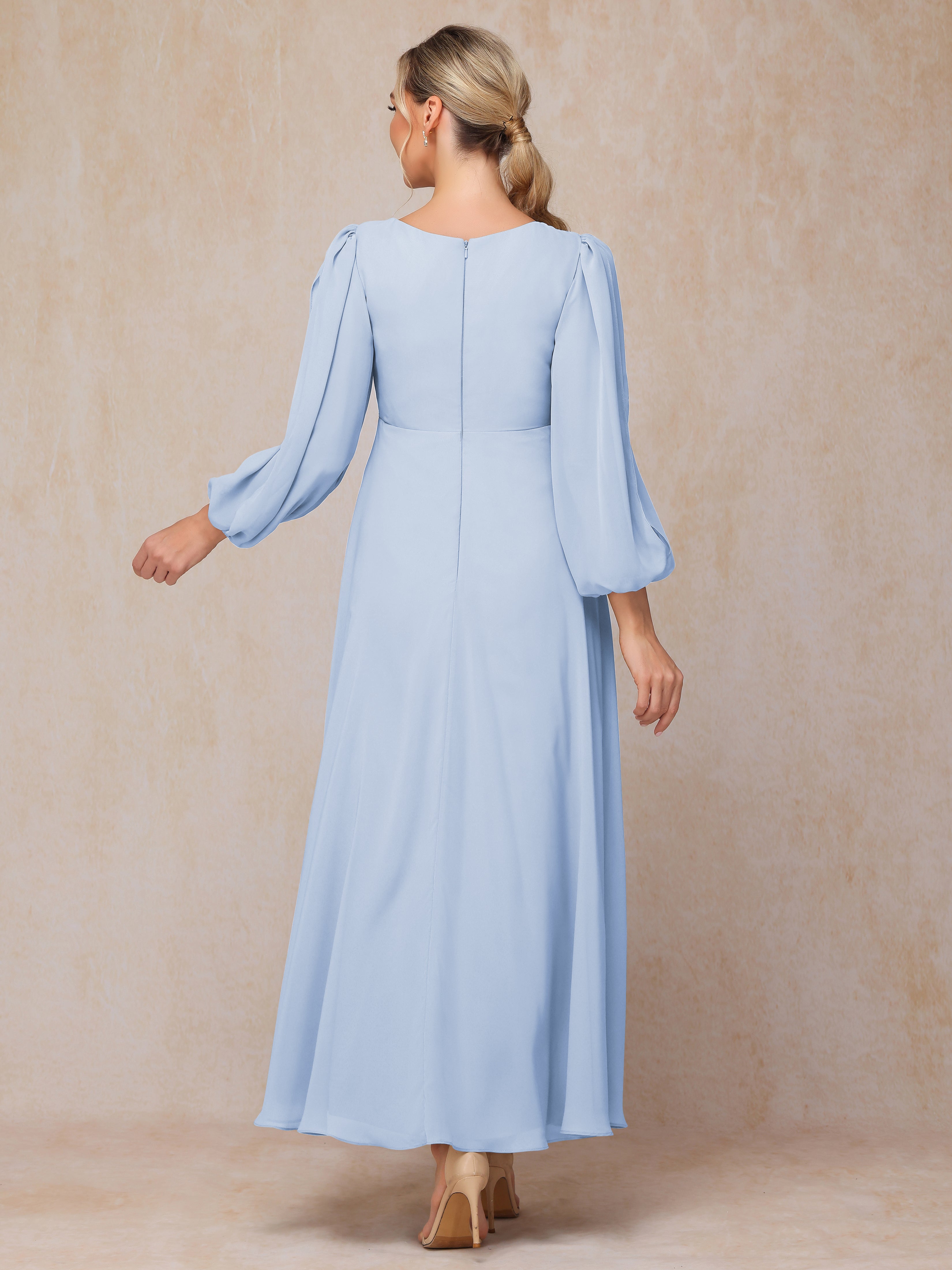 Long Sleeves V Neck Ankle Length Chiffon Mother Of The  Groom Dress