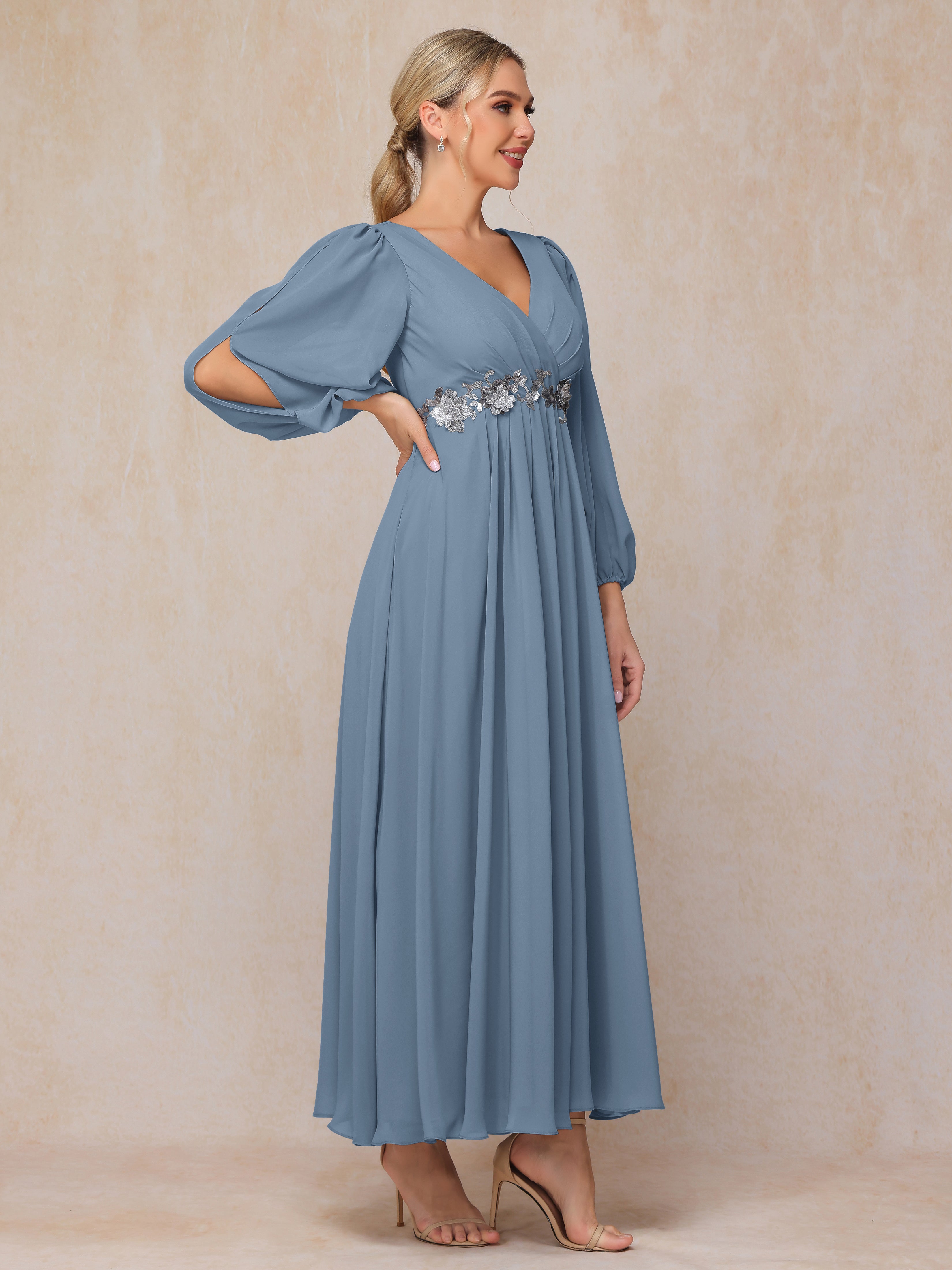 Long Sleeves V Neck Ankle Length Chiffon Mother Of The  Groom Dress