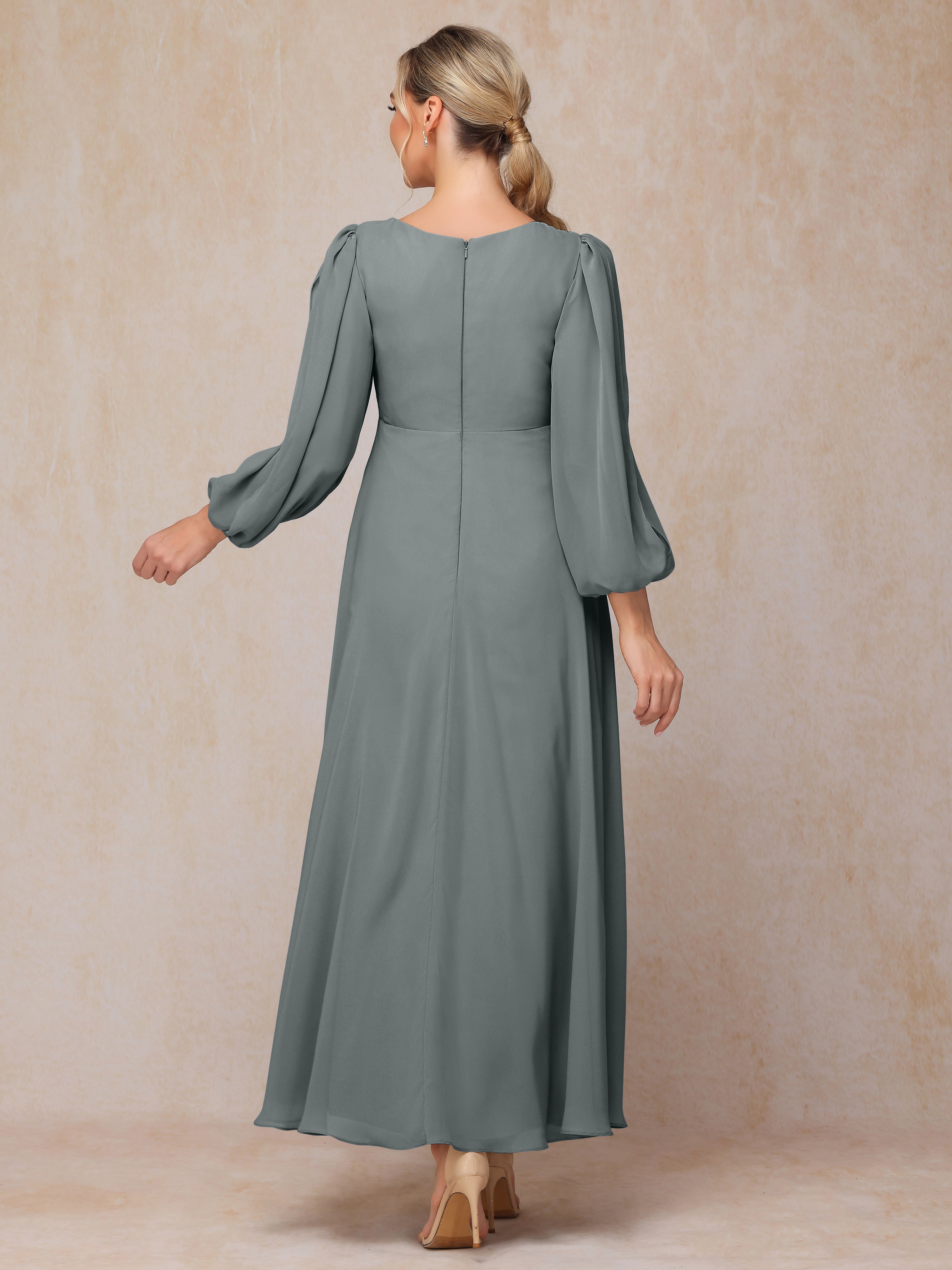 Long Sleeves V Neck Ankle Length Chiffon Mother Of The  Groom Dress