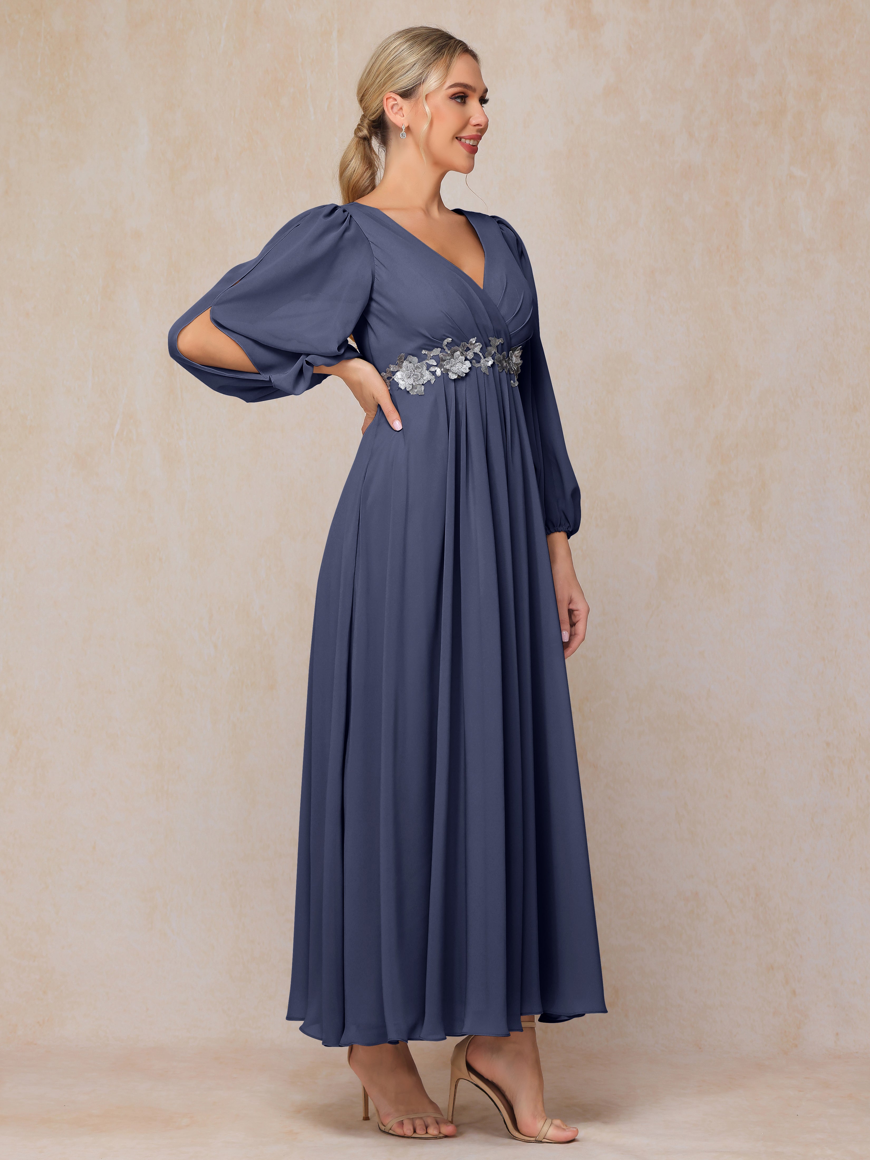 Long Sleeves V Neck Ankle Length Chiffon Mother Of The  Groom Dress