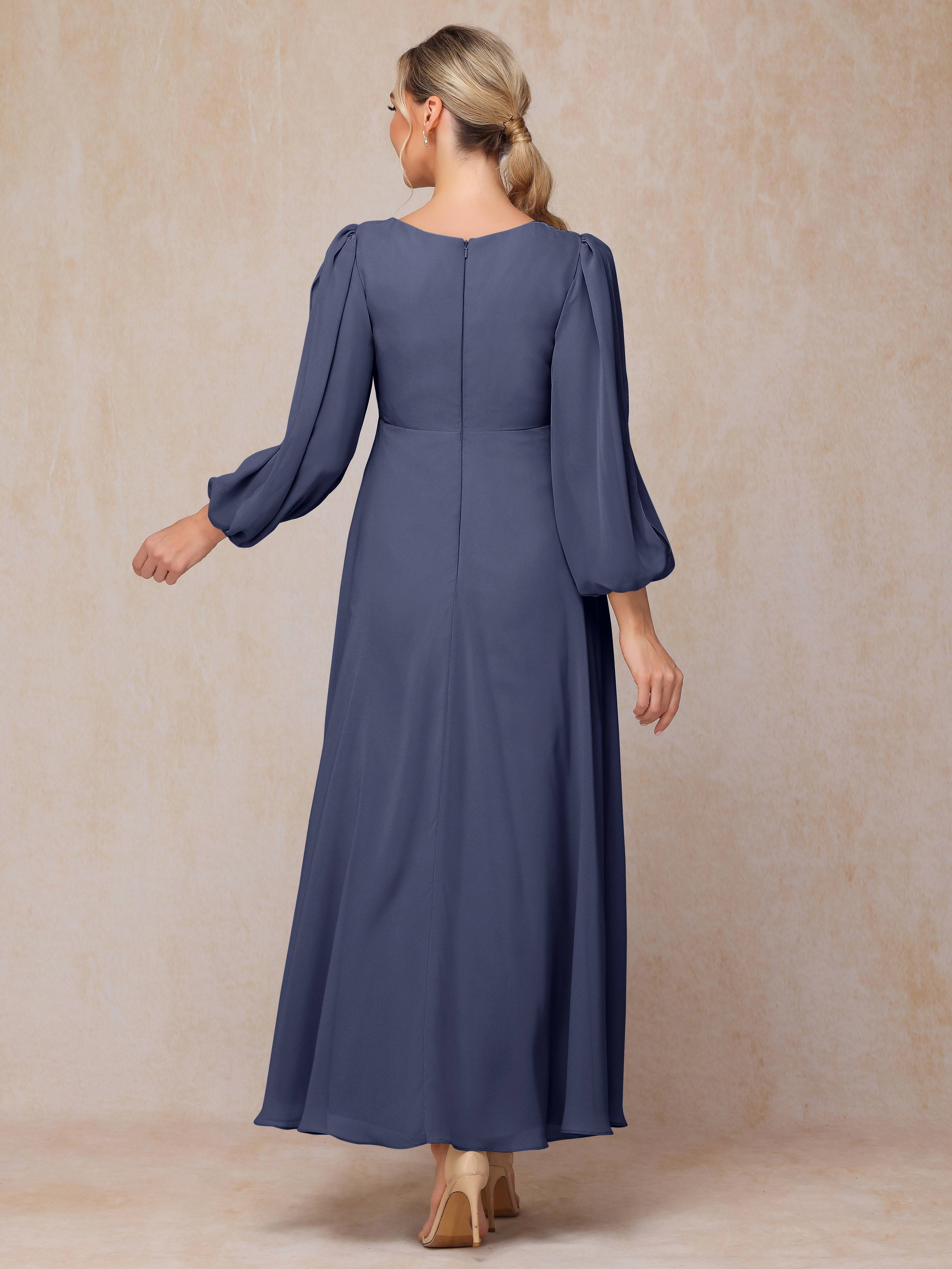 Long Sleeves V Neck Ankle Length Chiffon Wedding Guest Dresses