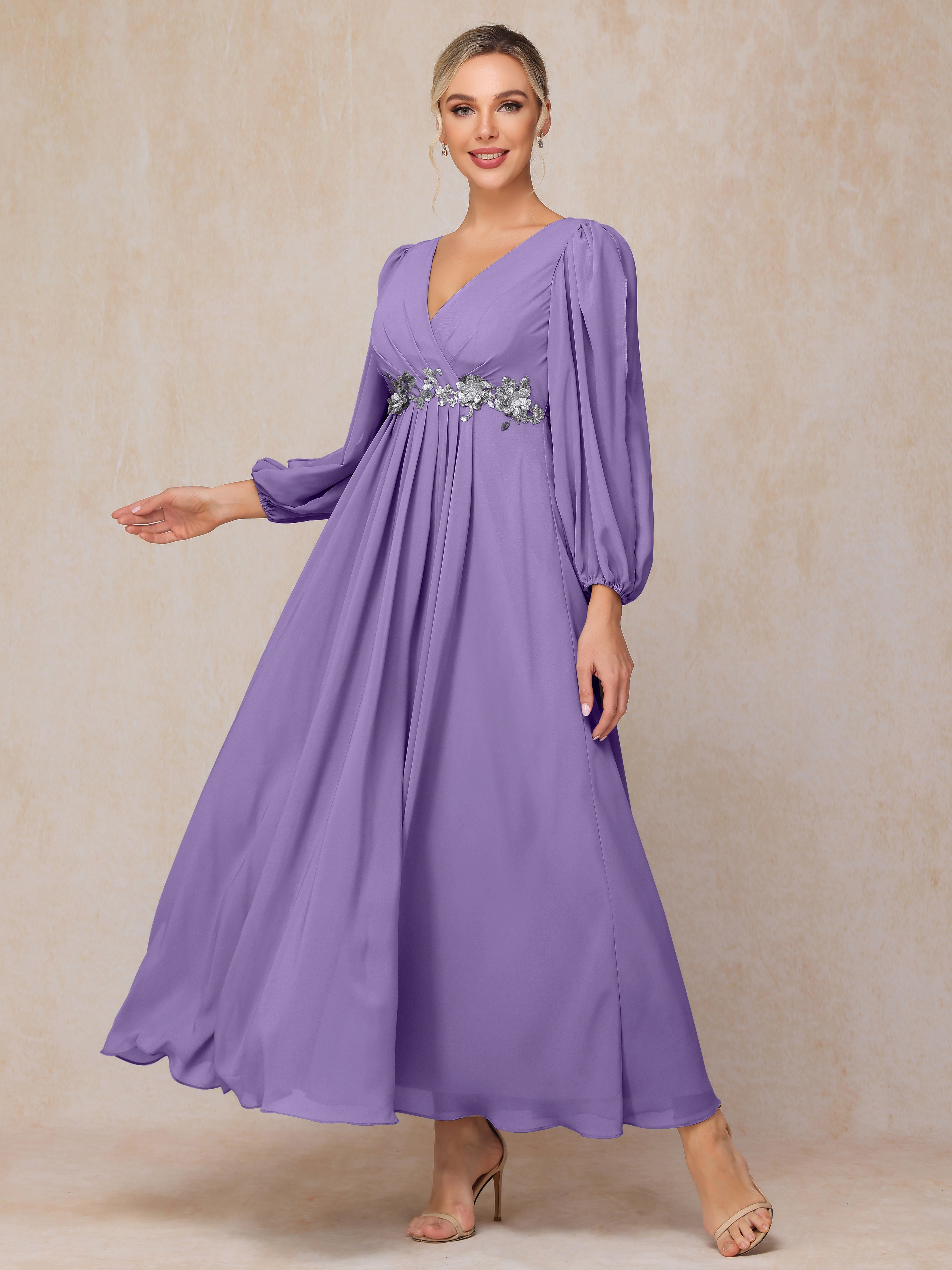 Long Sleeves V Neck Ankle Length Chiffon Wedding Guest Dresses