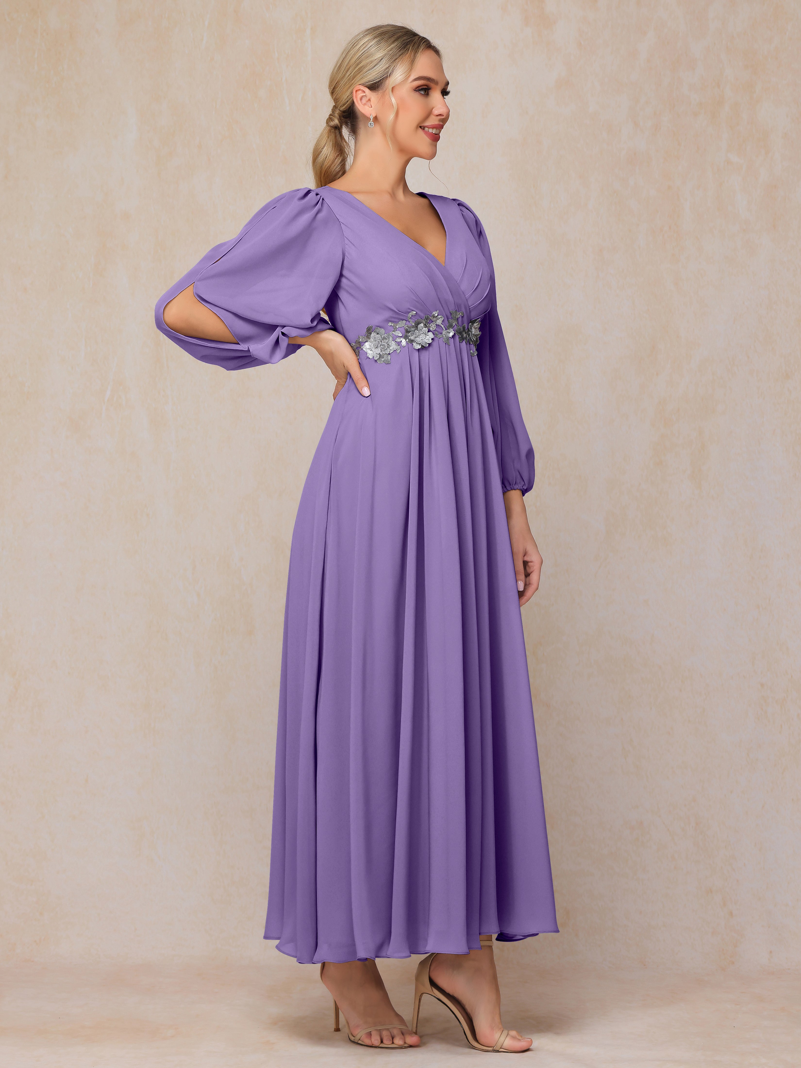 Long Sleeves V Neck Ankle Length Chiffon Wedding Guest Dresses