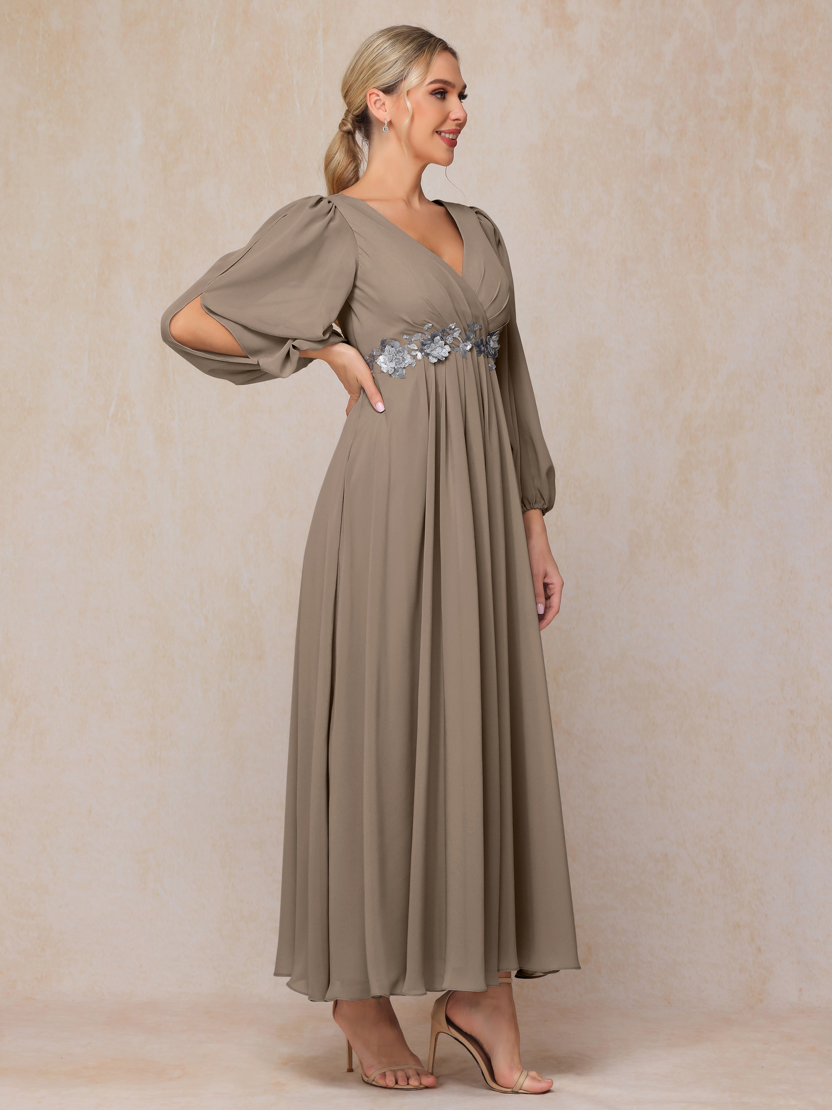 Long Sleeves V Neck Ankle Length Chiffon Mother Of The  Groom Dress