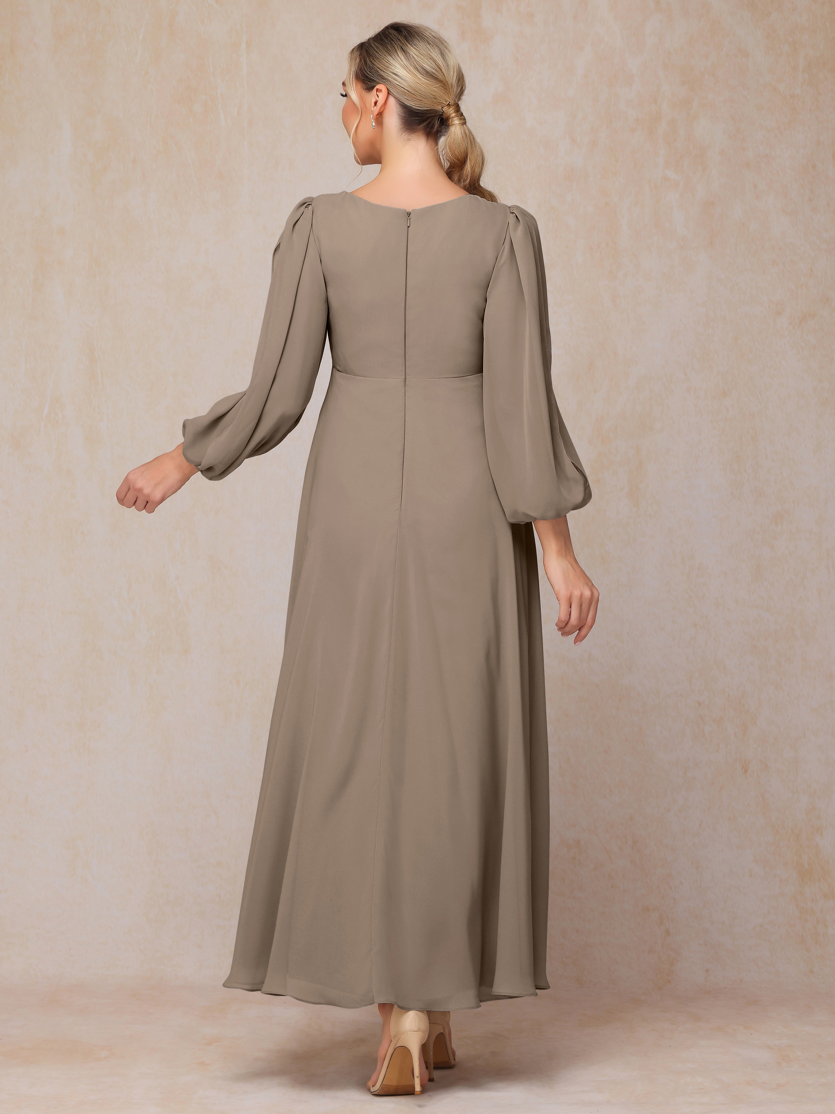 Long Sleeves V Neck Ankle Length Chiffon Wedding Guest Dresses