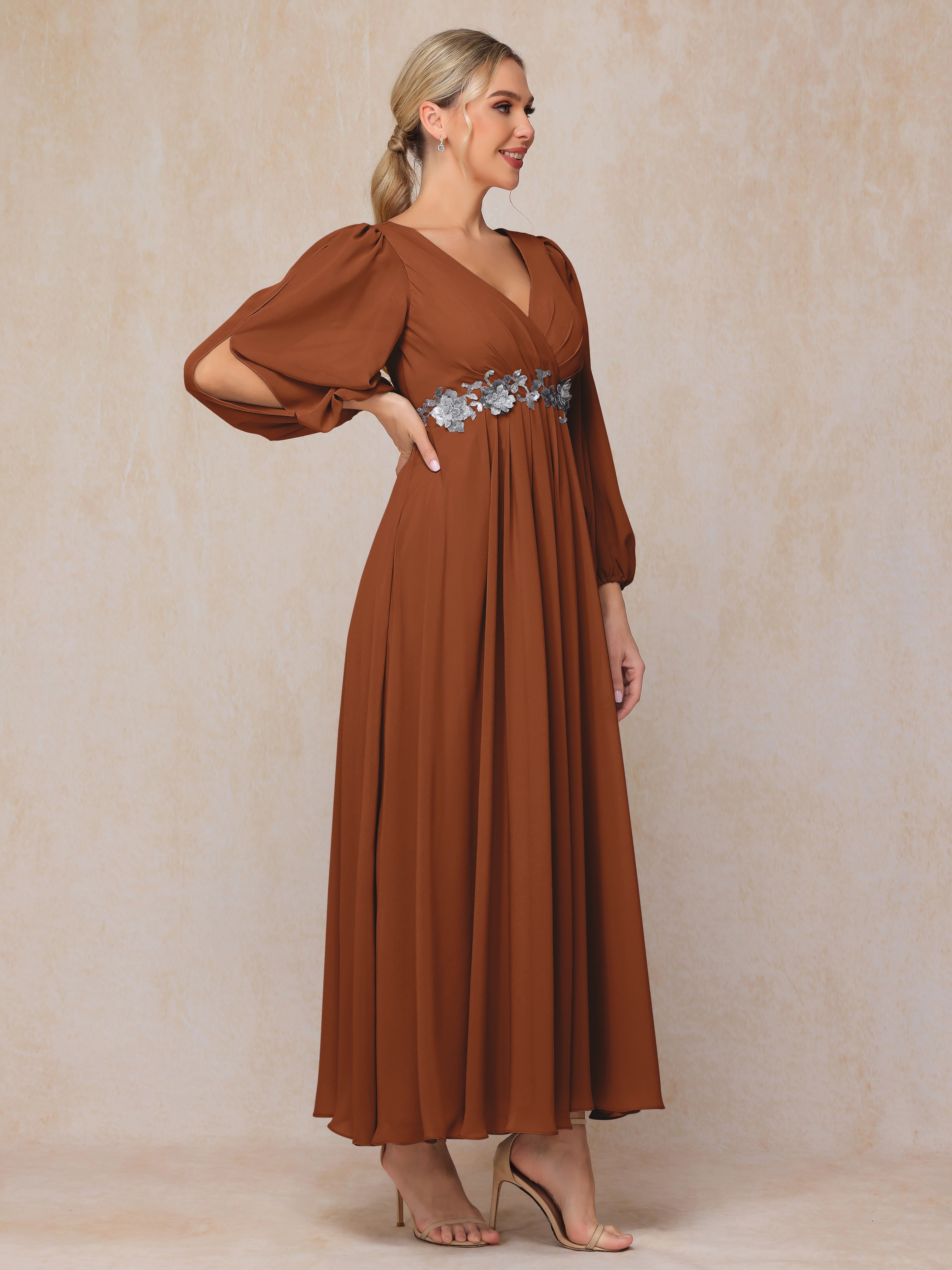 Long Sleeves V Neck Ankle Length Chiffon Wedding Guest Dresses