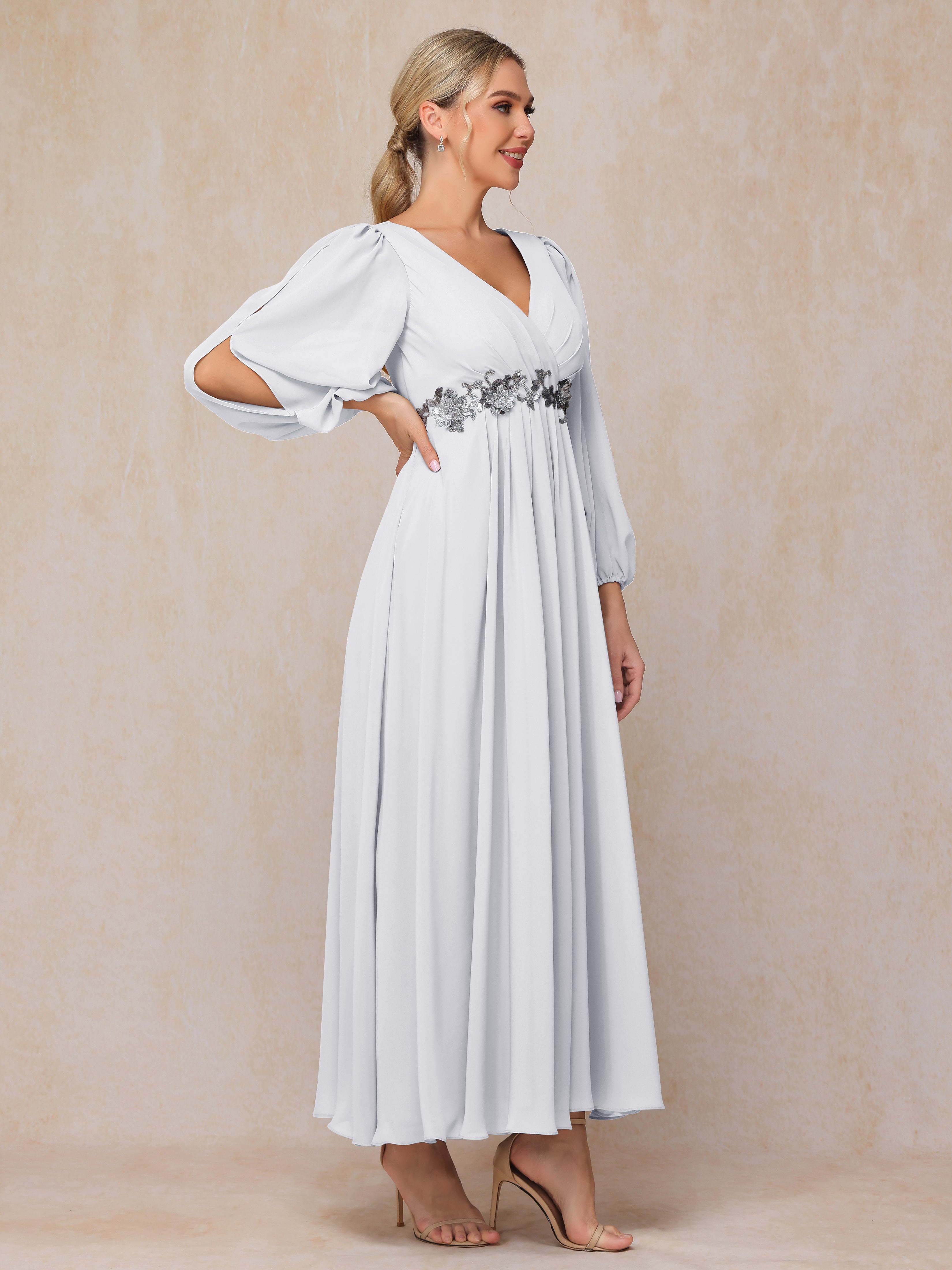 Long Sleeves V Neck Ankle Length Chiffon Wedding Guest Dresses