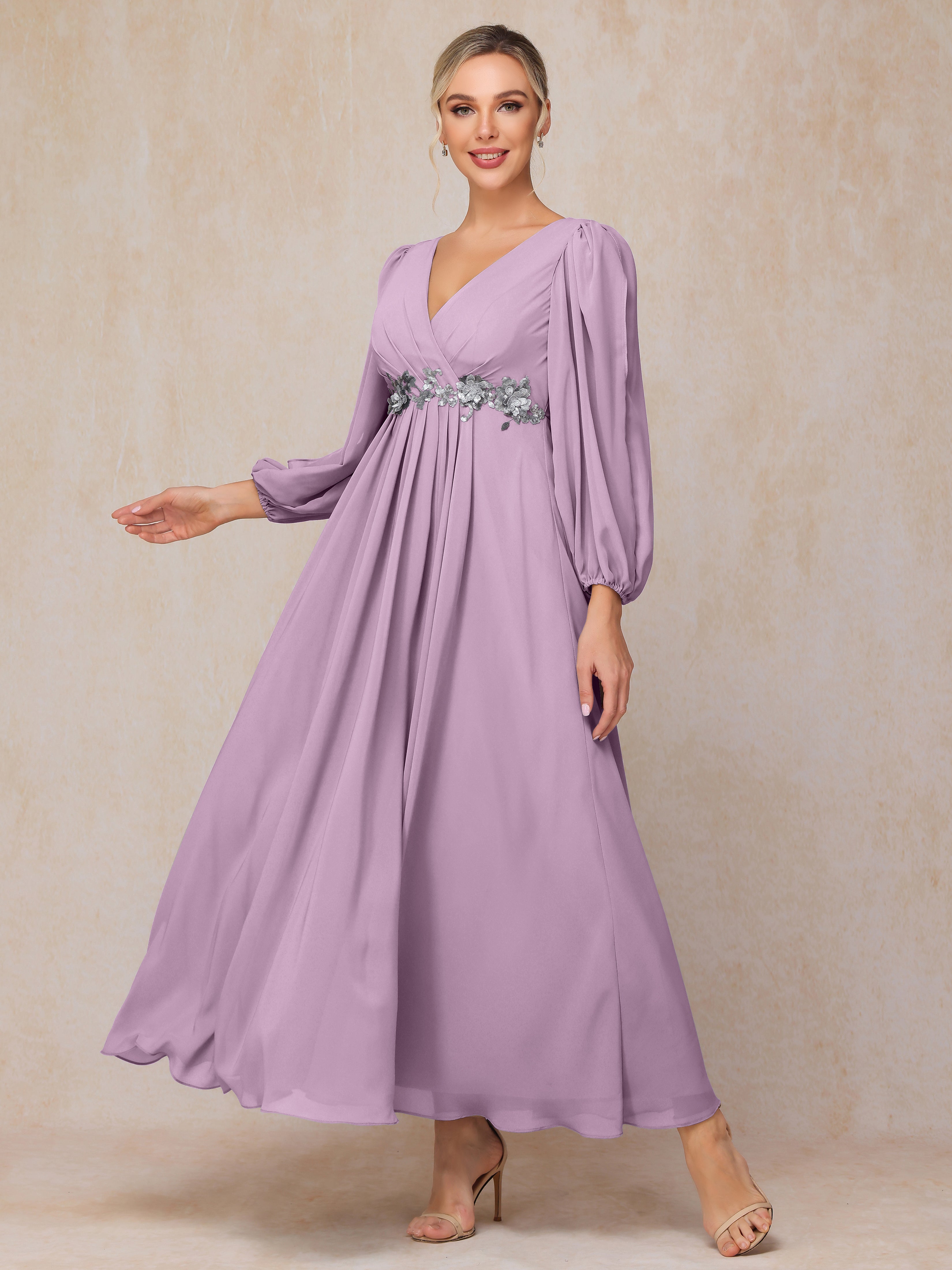 Long Sleeves V Neck Ankle Length Chiffon Wedding Guest Dresses