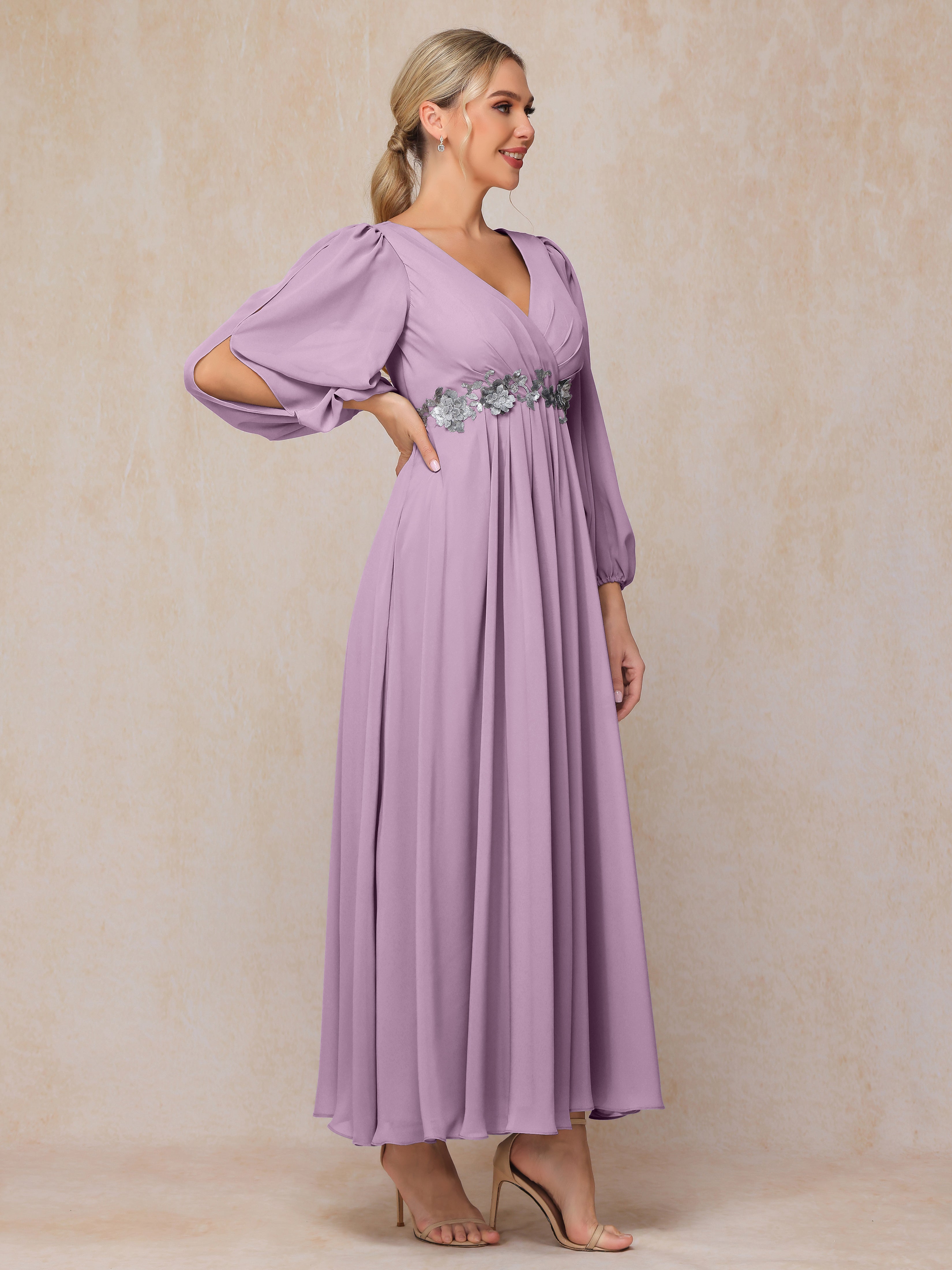 Long Sleeves V Neck Ankle Length Chiffon Wedding Guest Dresses