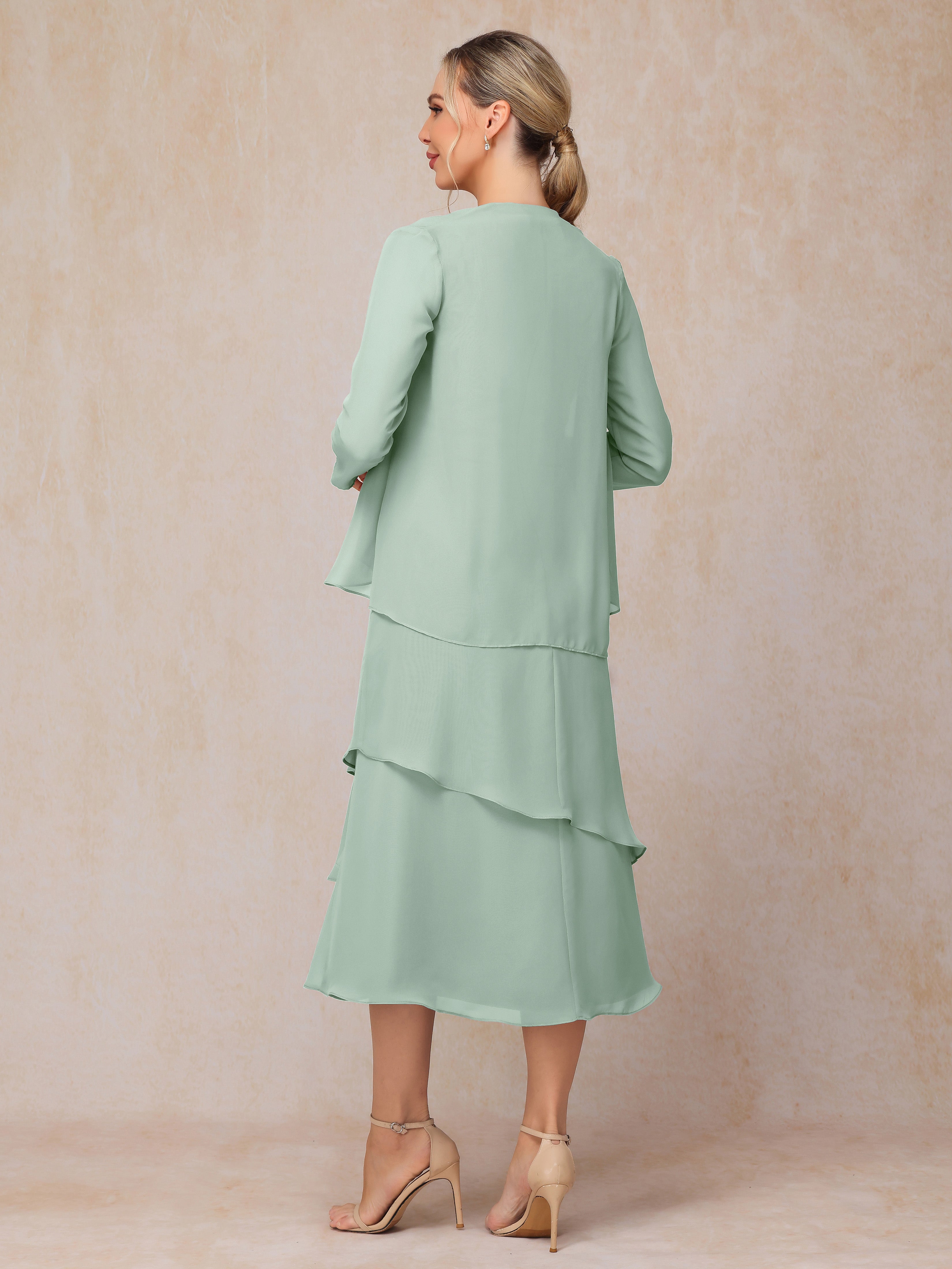 2 Pieces Tea Length Long Sleeves Chiffon Mother Of The  Groom Dress