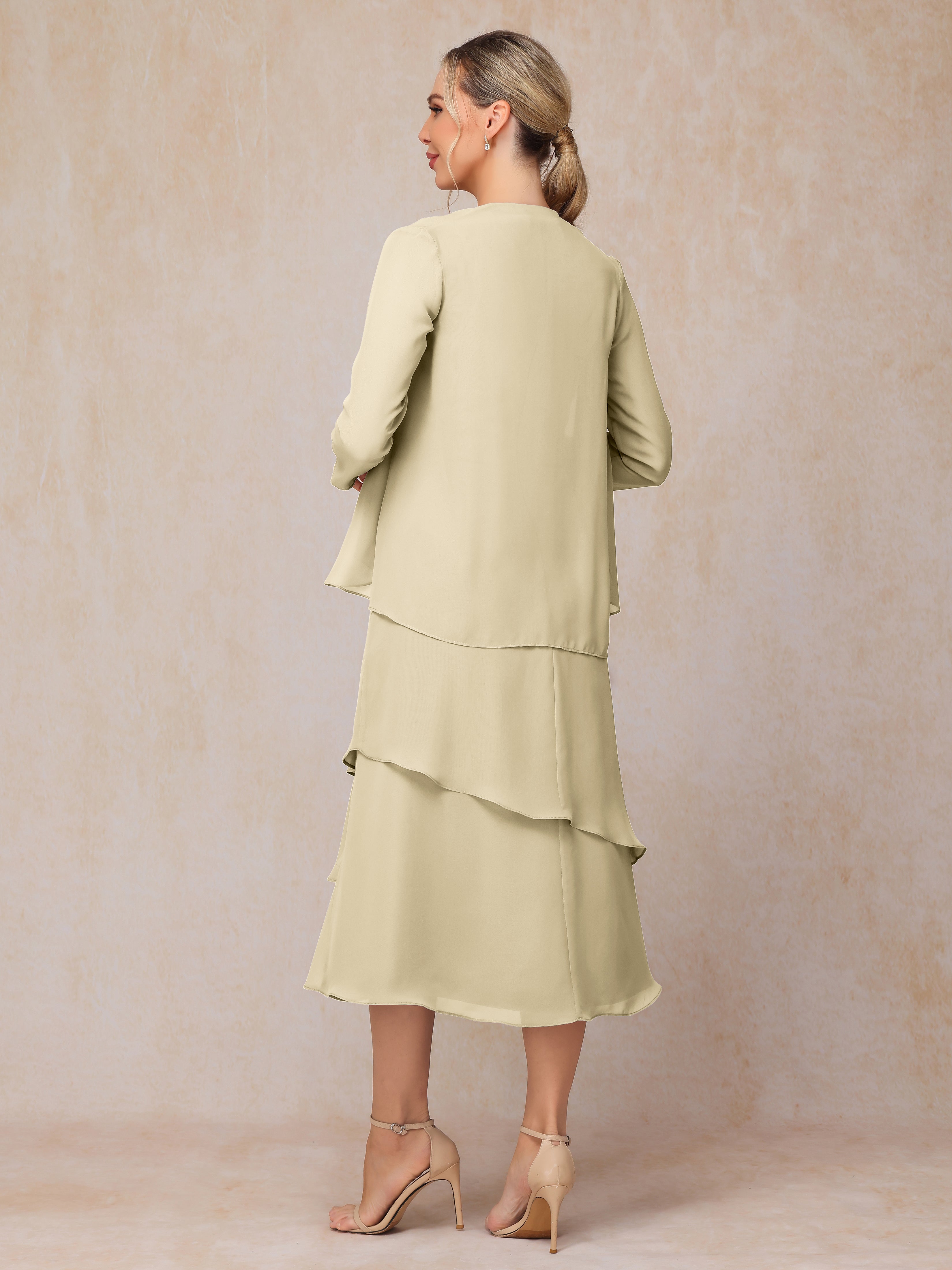 2 Pieces Tea Length Long Sleeves Chiffon Mother Of The Bride Dress