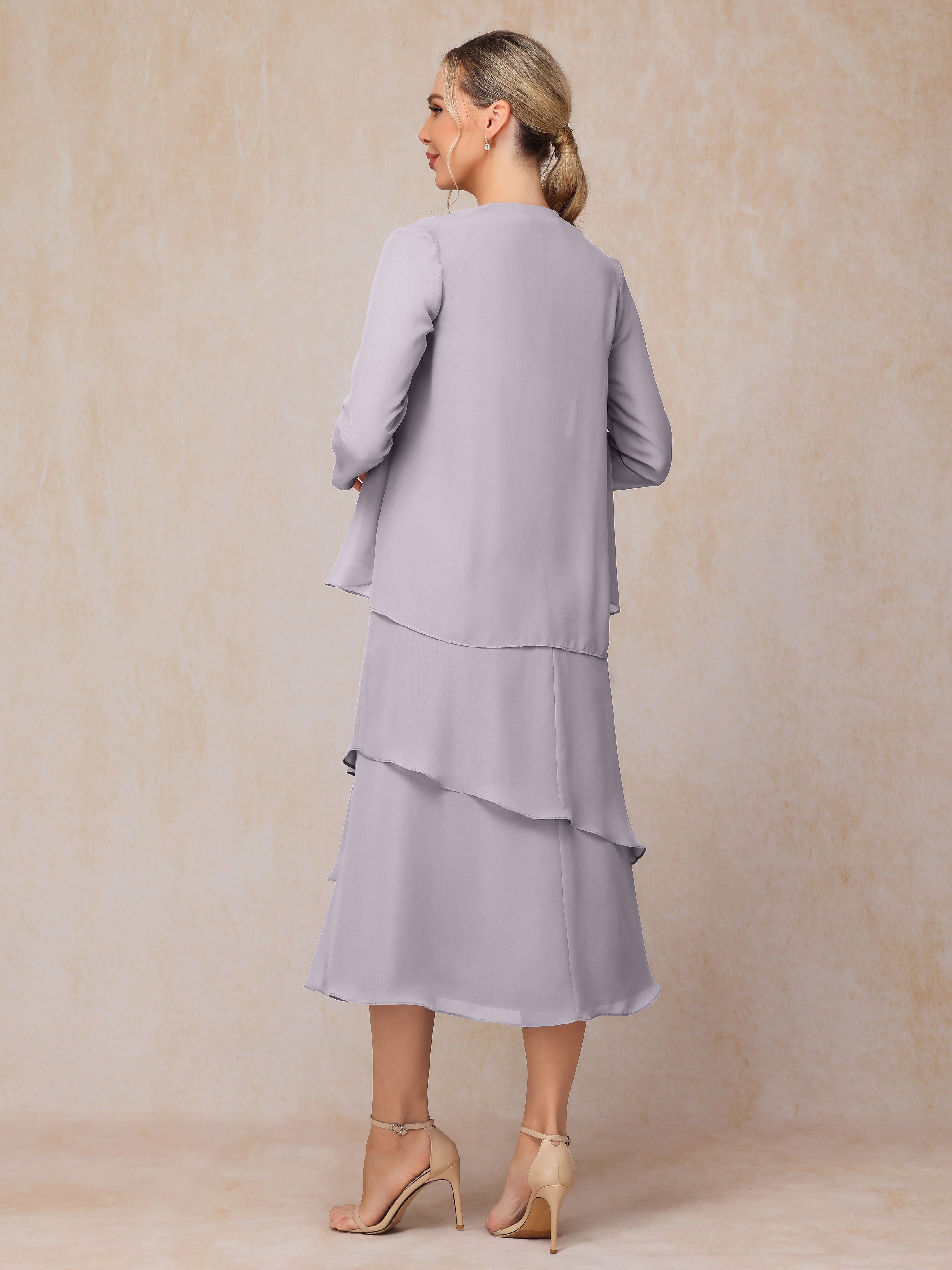 2 Pieces Tea Length Long Sleeves Chiffon Mother Of The Bride Dress