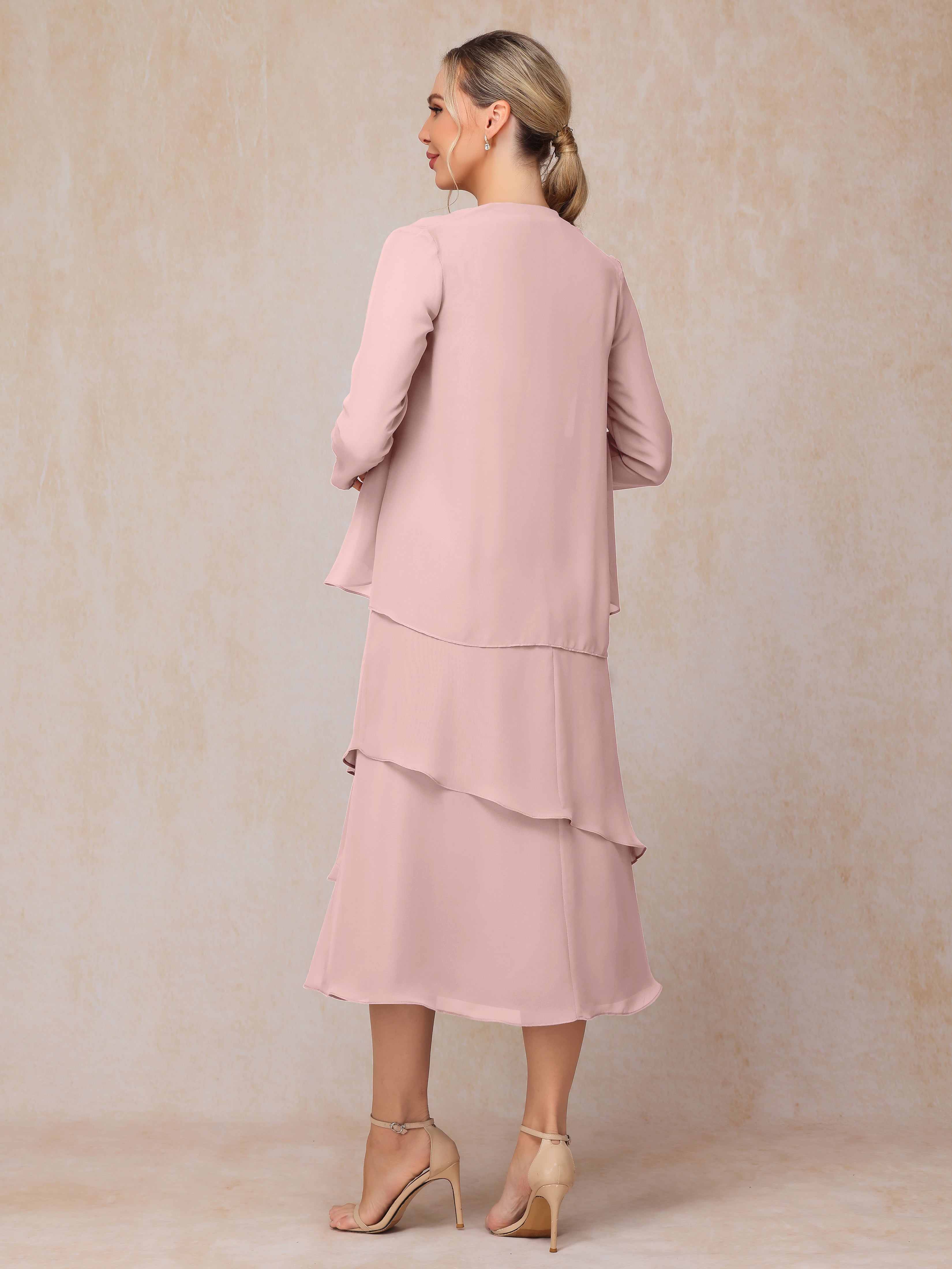 2 Pieces Tea Length Long Sleeves Chiffon Mother Of The Bride Dress