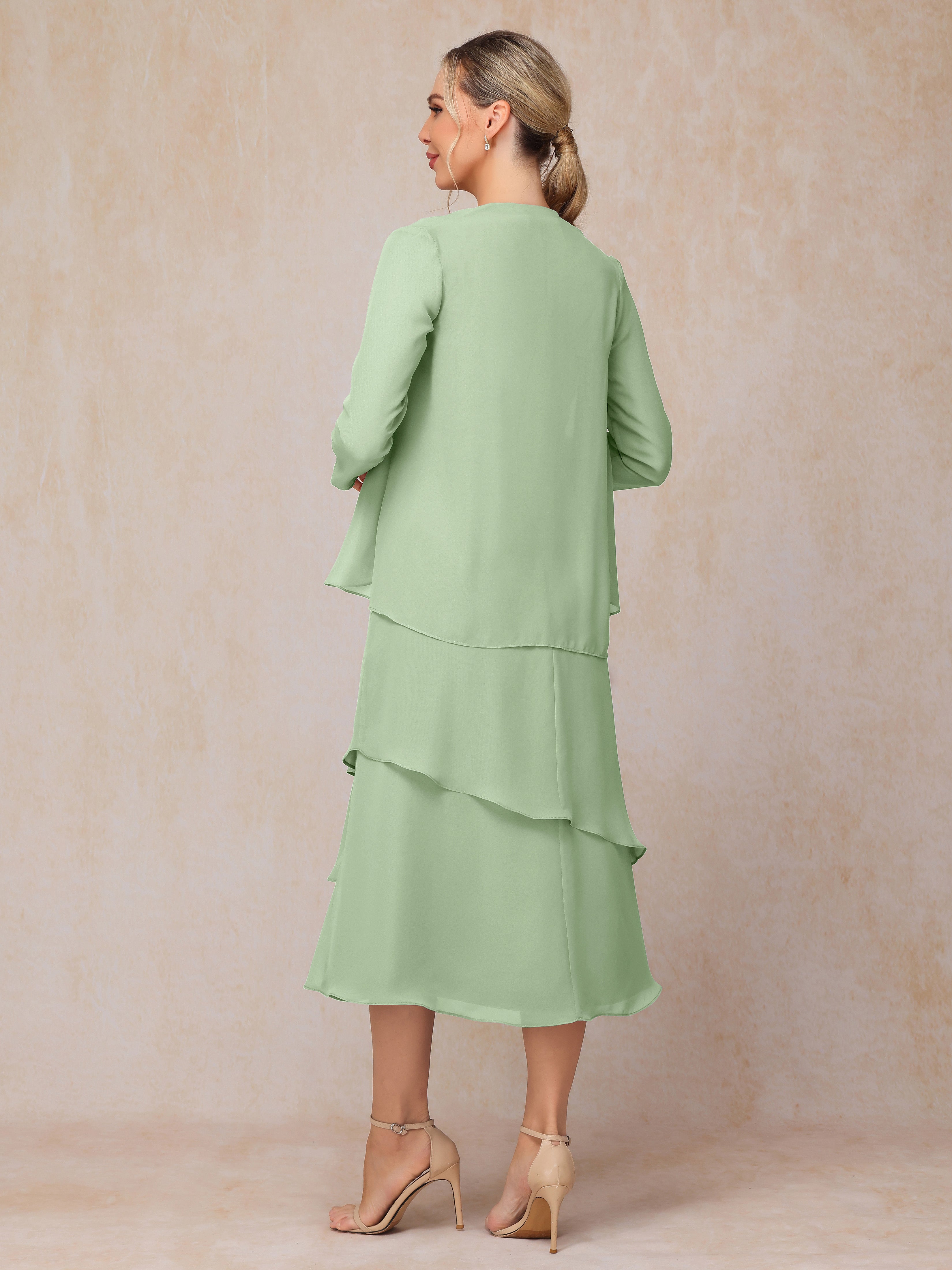 2 Pieces Tea Length Long Sleeves Chiffon Mother Of The  Groom Dress