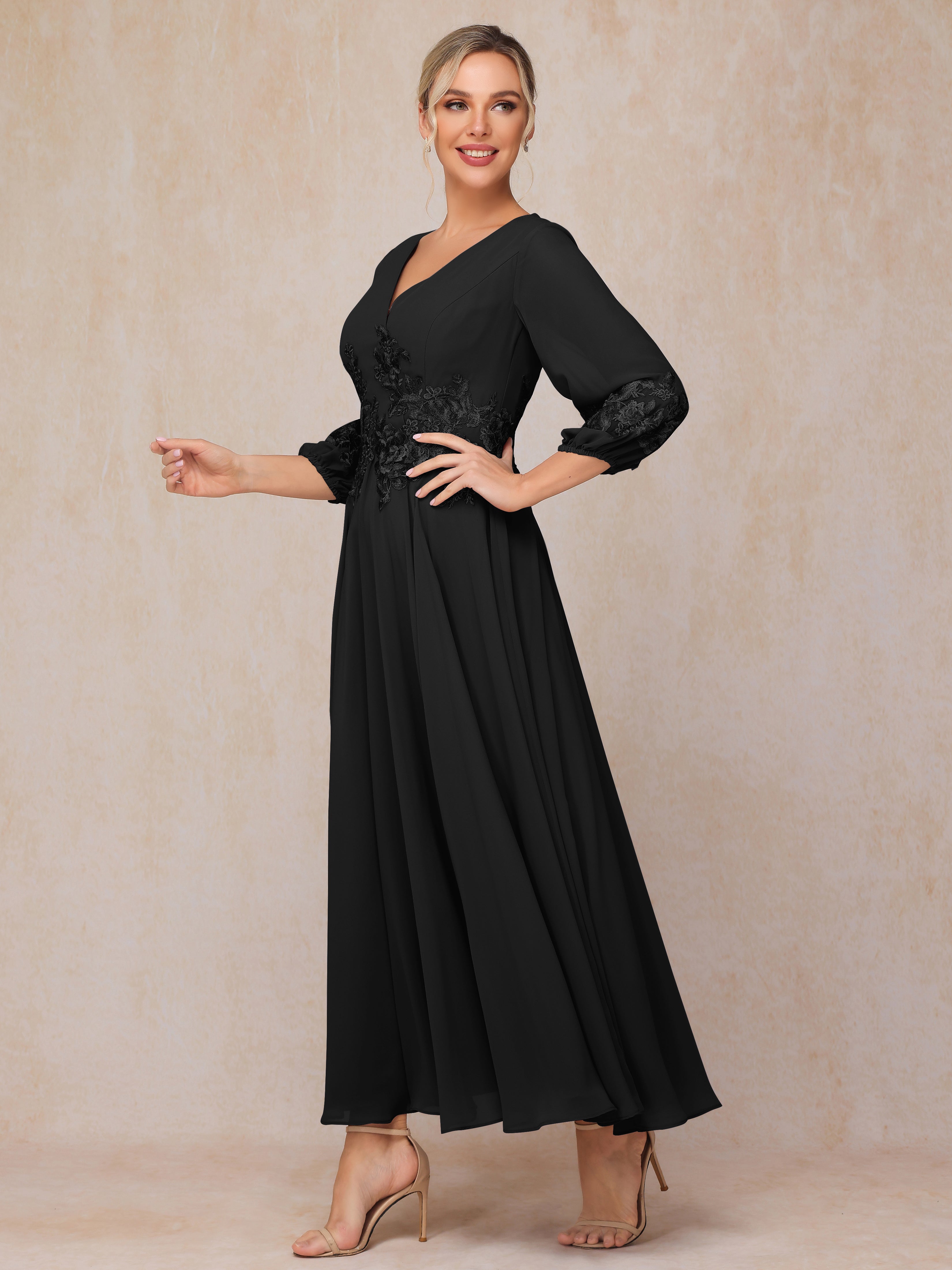 Long Sleeves Appliques Ankle Length Chiffon Wedding Guest Dresses