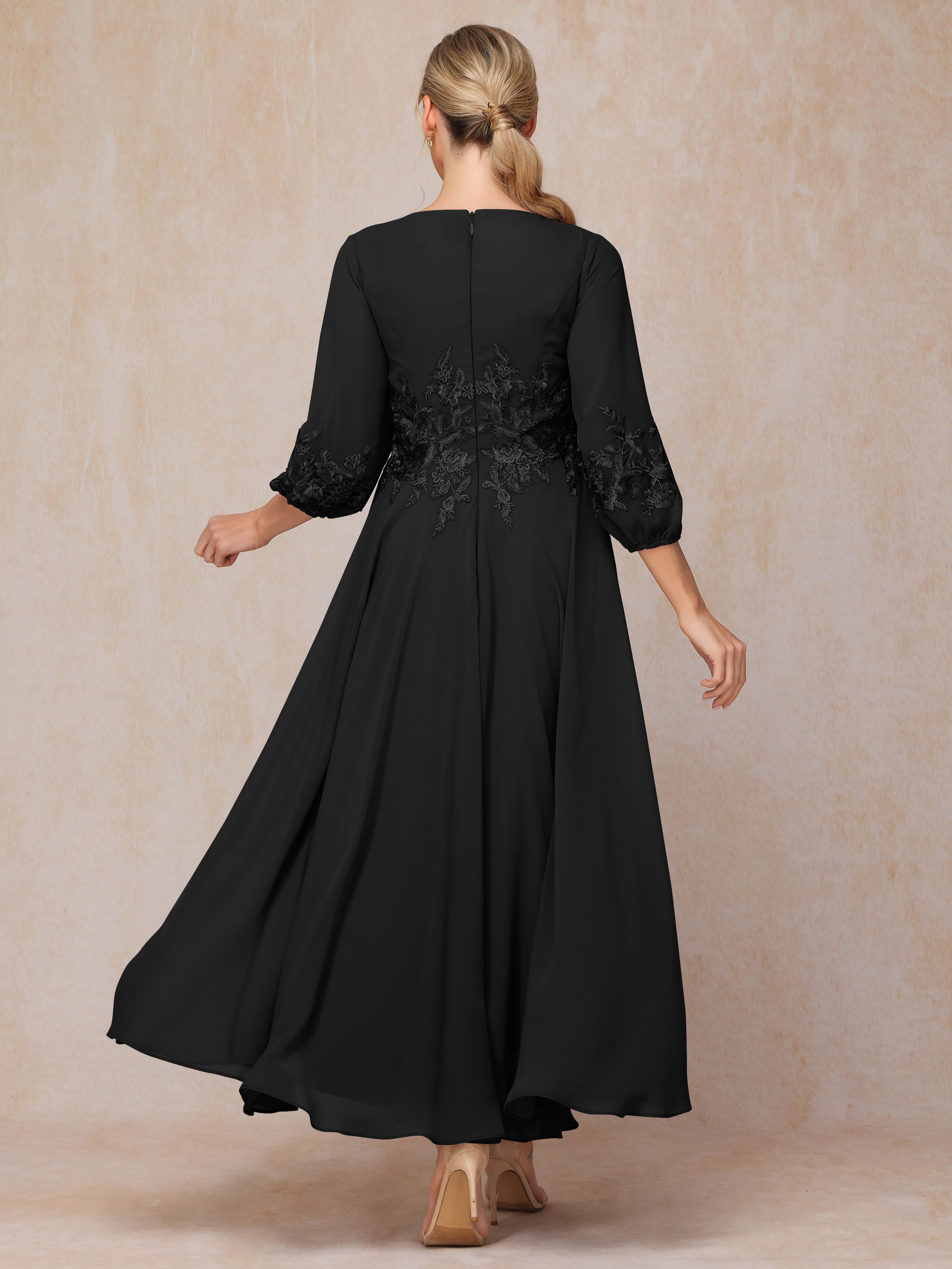 Long Sleeves Appliques Ankle Length Chiffon Wedding Guest Dresses