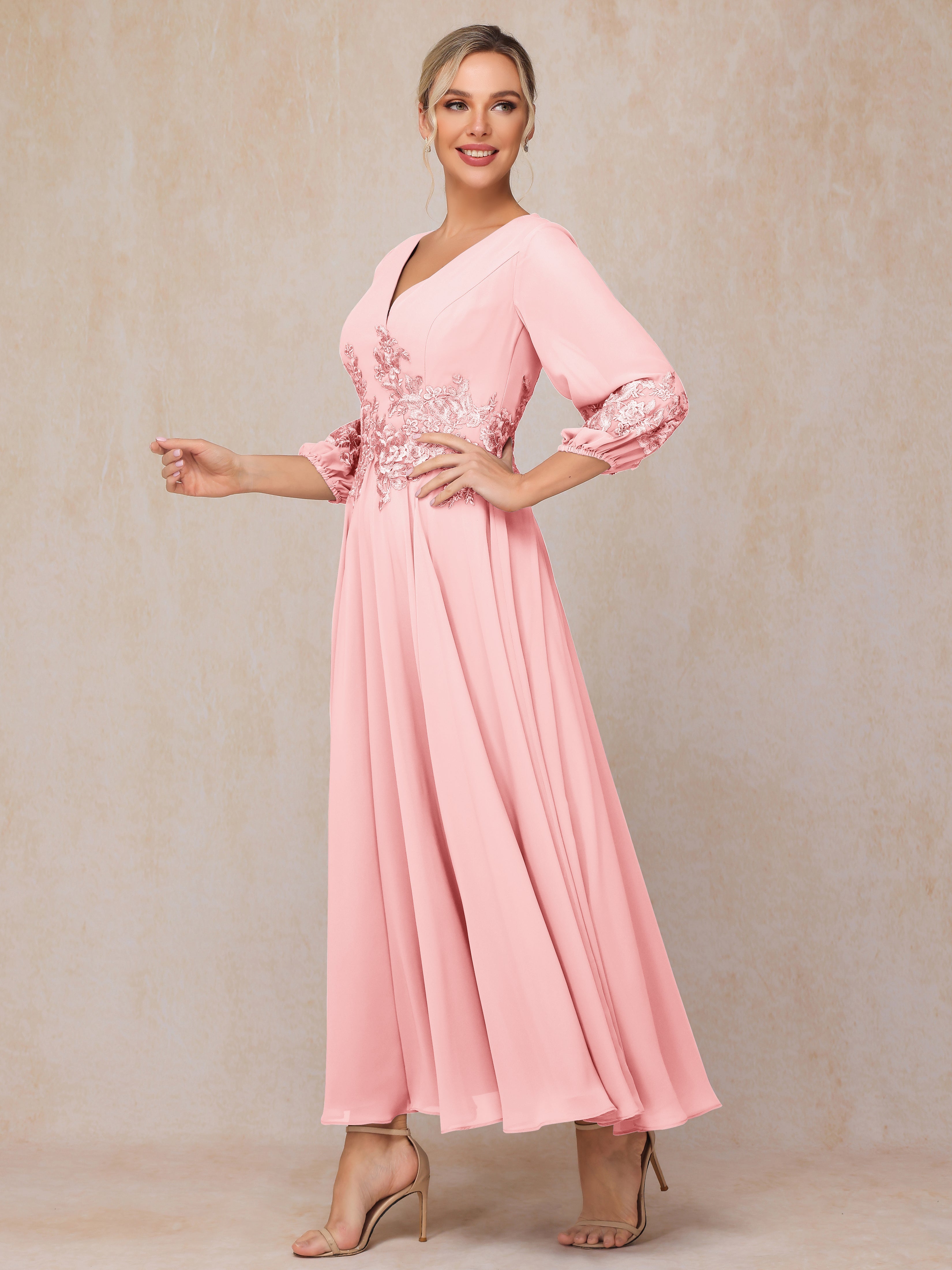 Long Sleeves Appliques Ankle Length Chiffon Mother Of The  Groom Dress