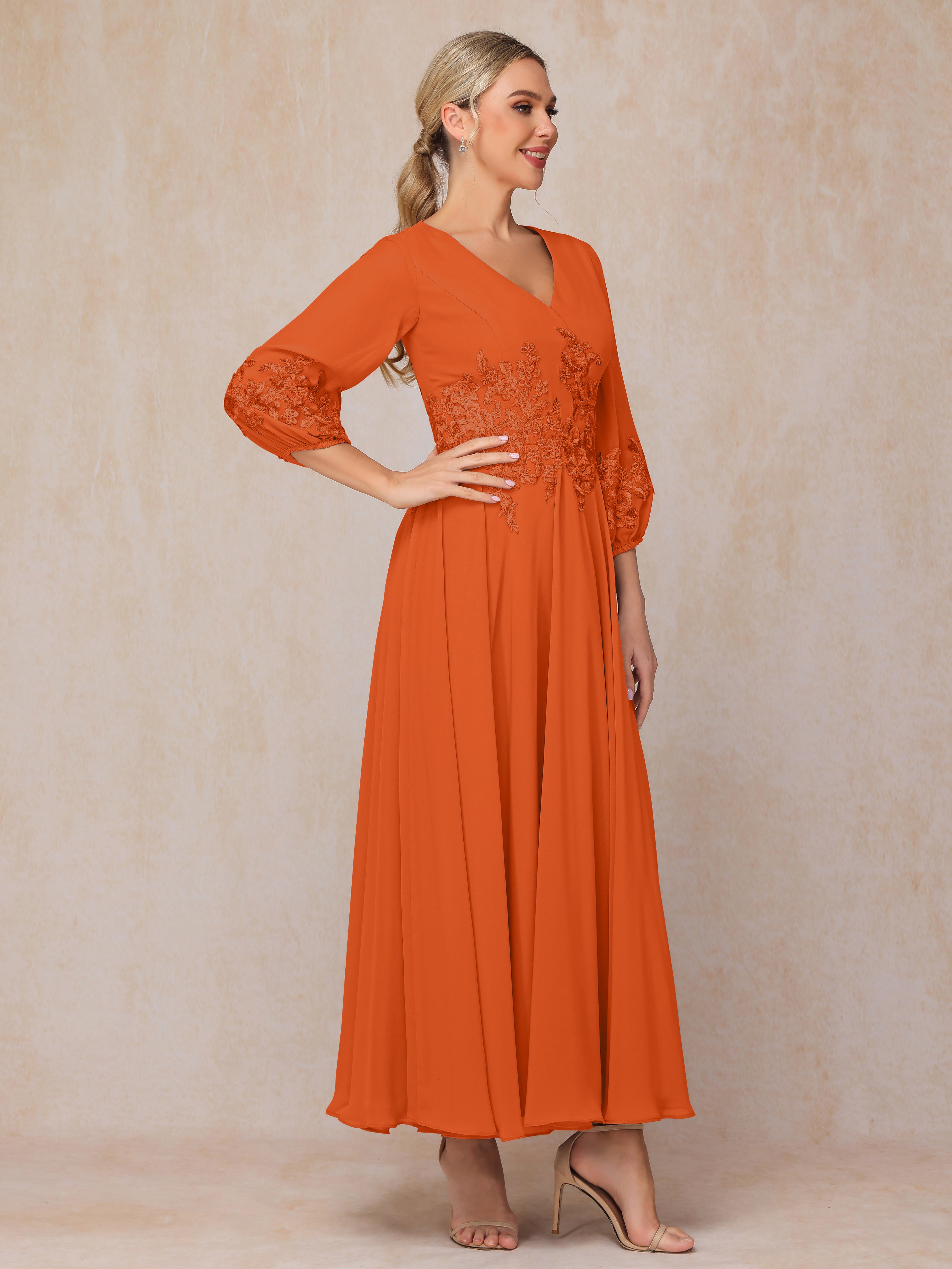 Long Sleeves Appliques Ankle Length Chiffon Mother Of The Bride Dress