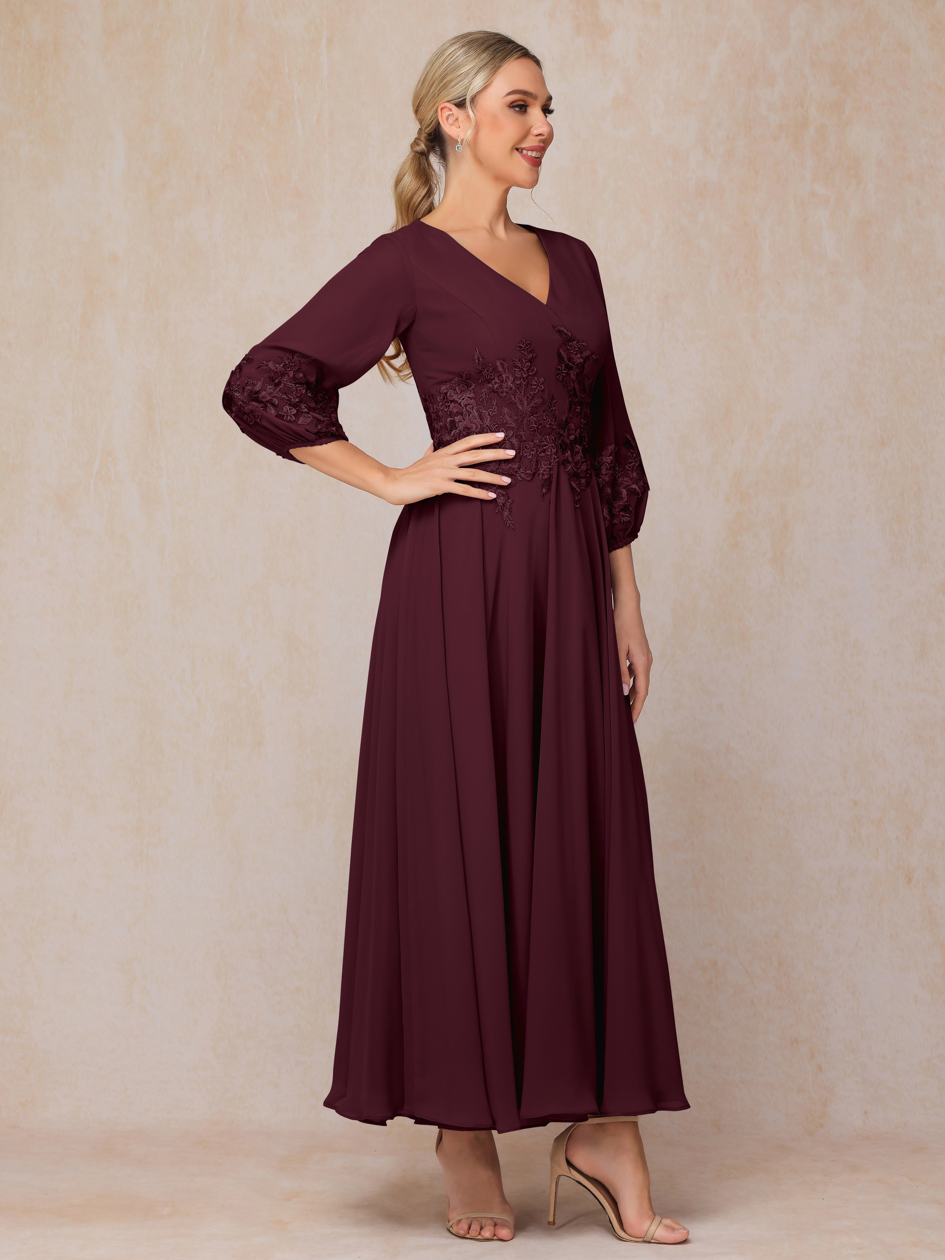 Long Sleeves Appliques Ankle Length Chiffon Mother Of The  Groom Dress