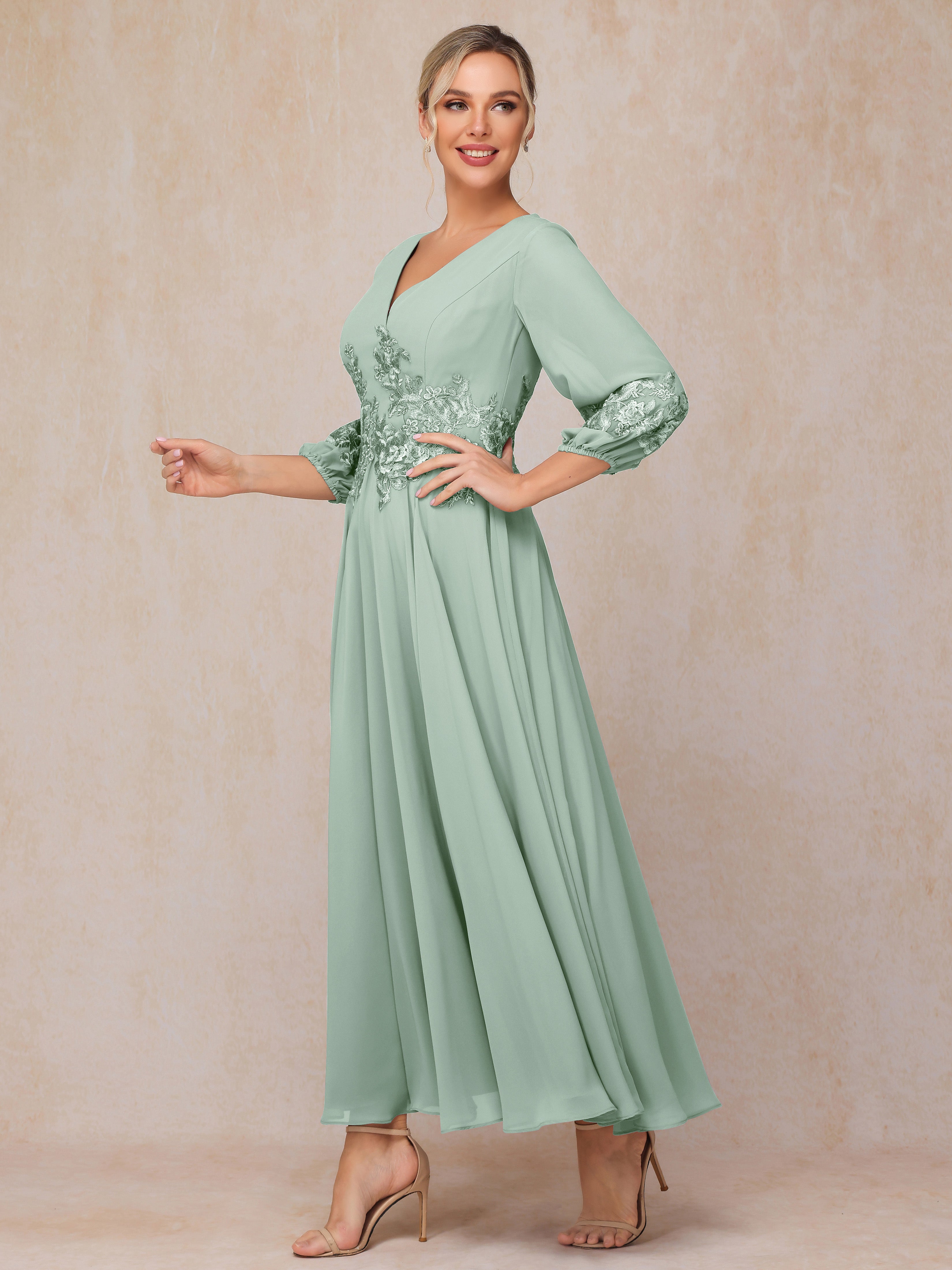 Long Sleeves Appliques Ankle Length Chiffon Mother Of The  Groom Dress