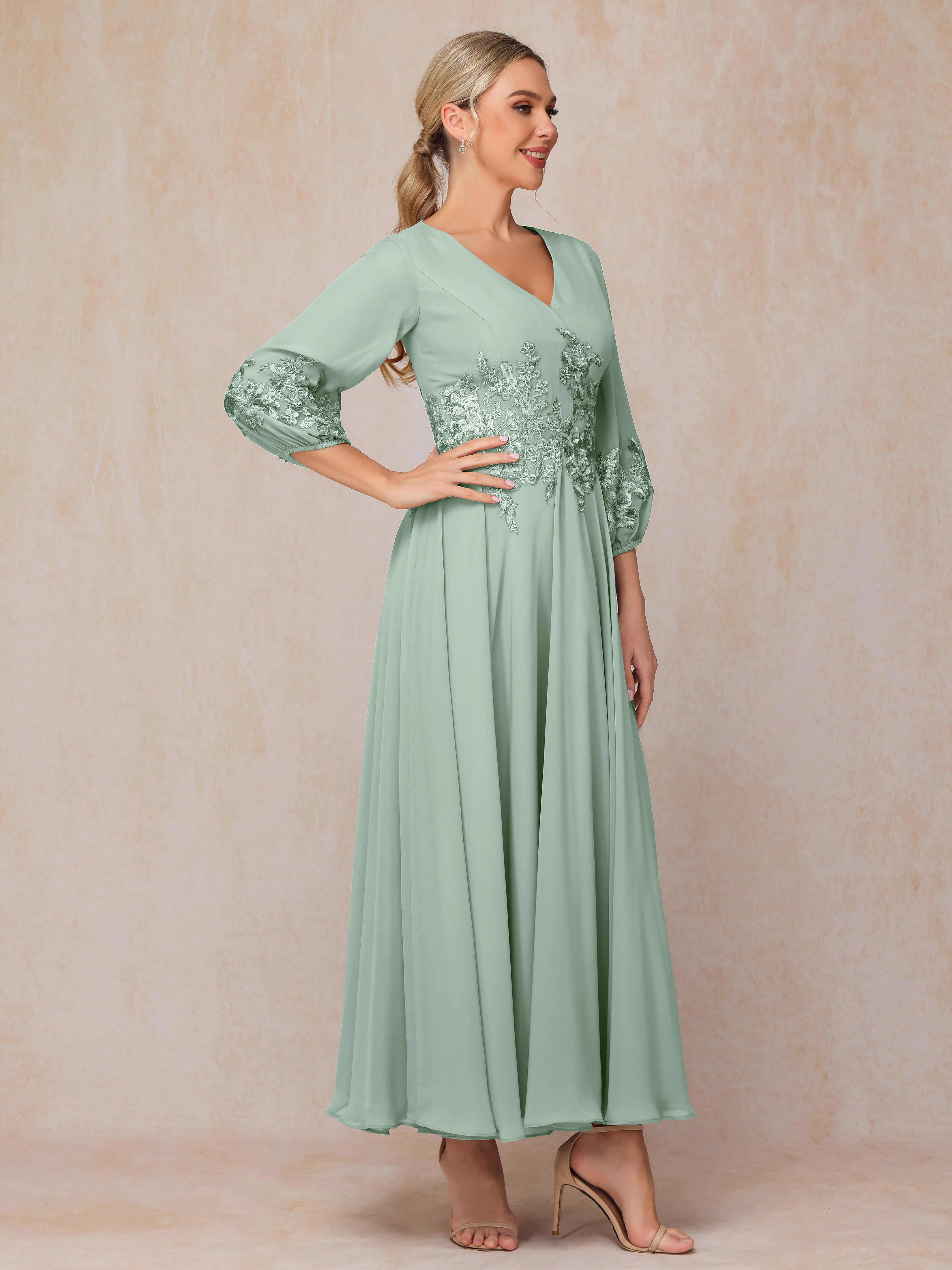 Long Sleeves Appliques Ankle Length Chiffon Mother Of The Bride Dress