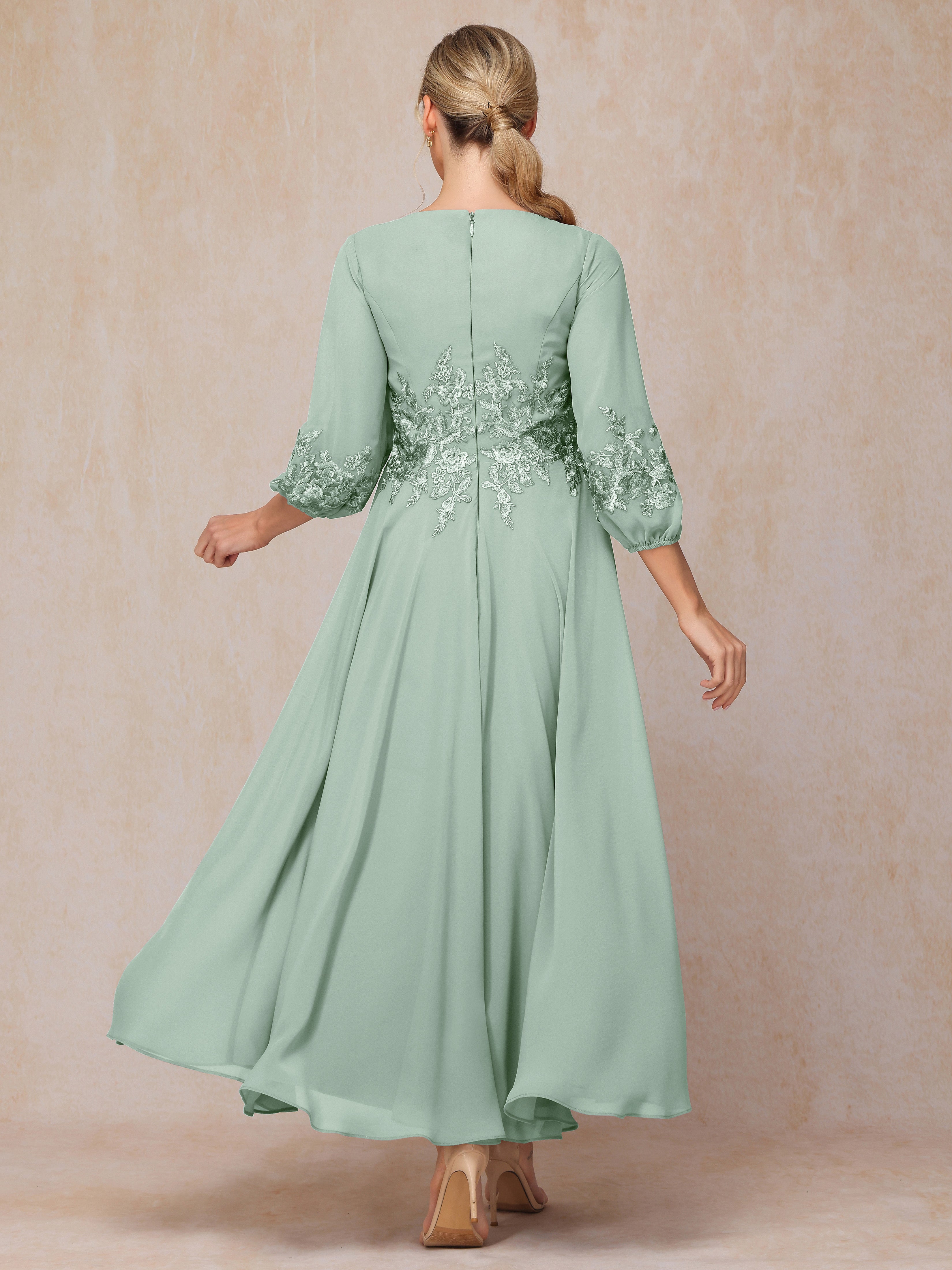 Long Sleeves Appliques Ankle Length Chiffon Mother Of The Bride Dress