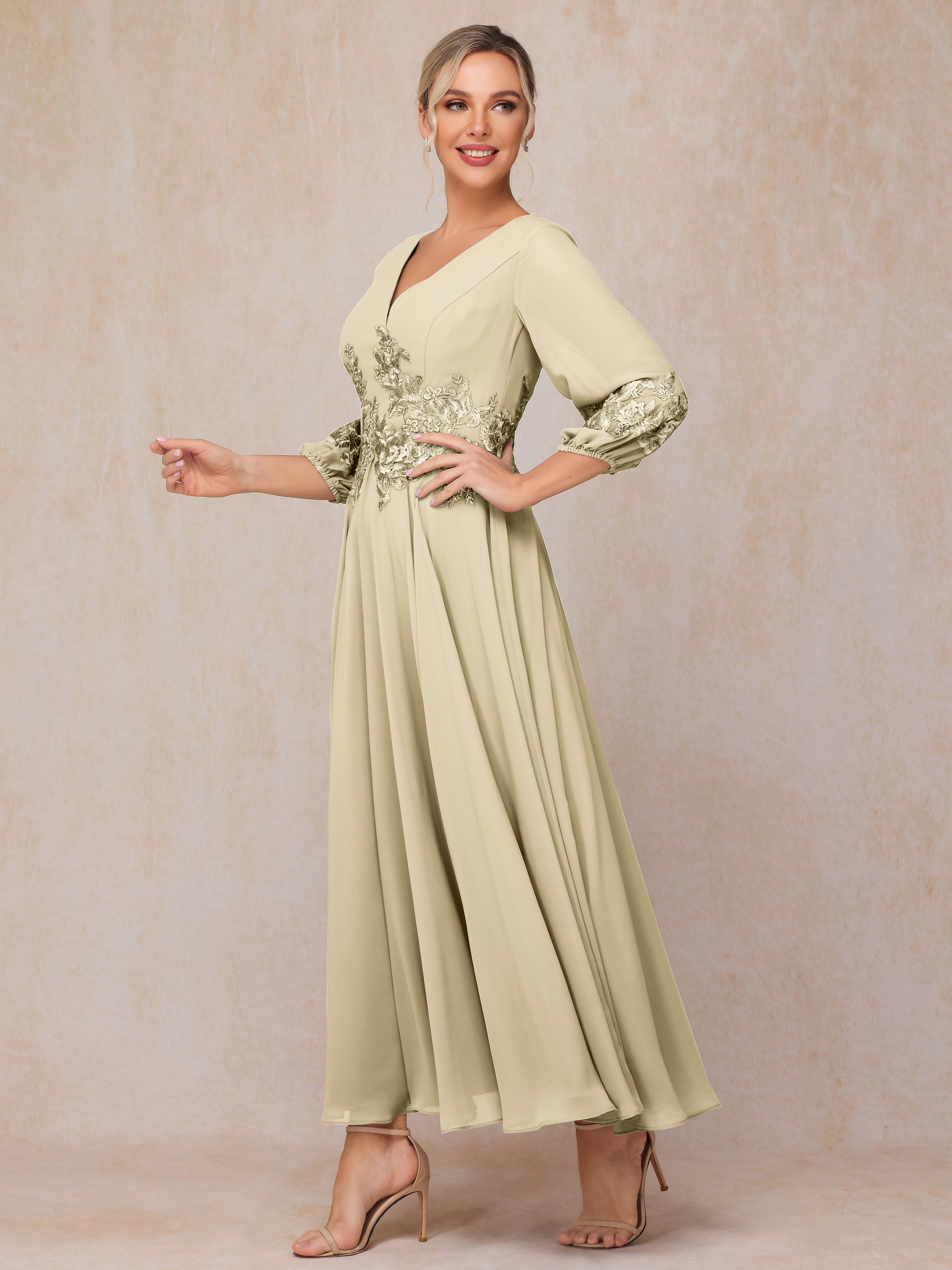 Long Sleeves Appliques Ankle Length Chiffon Mother Of The Bride Dress