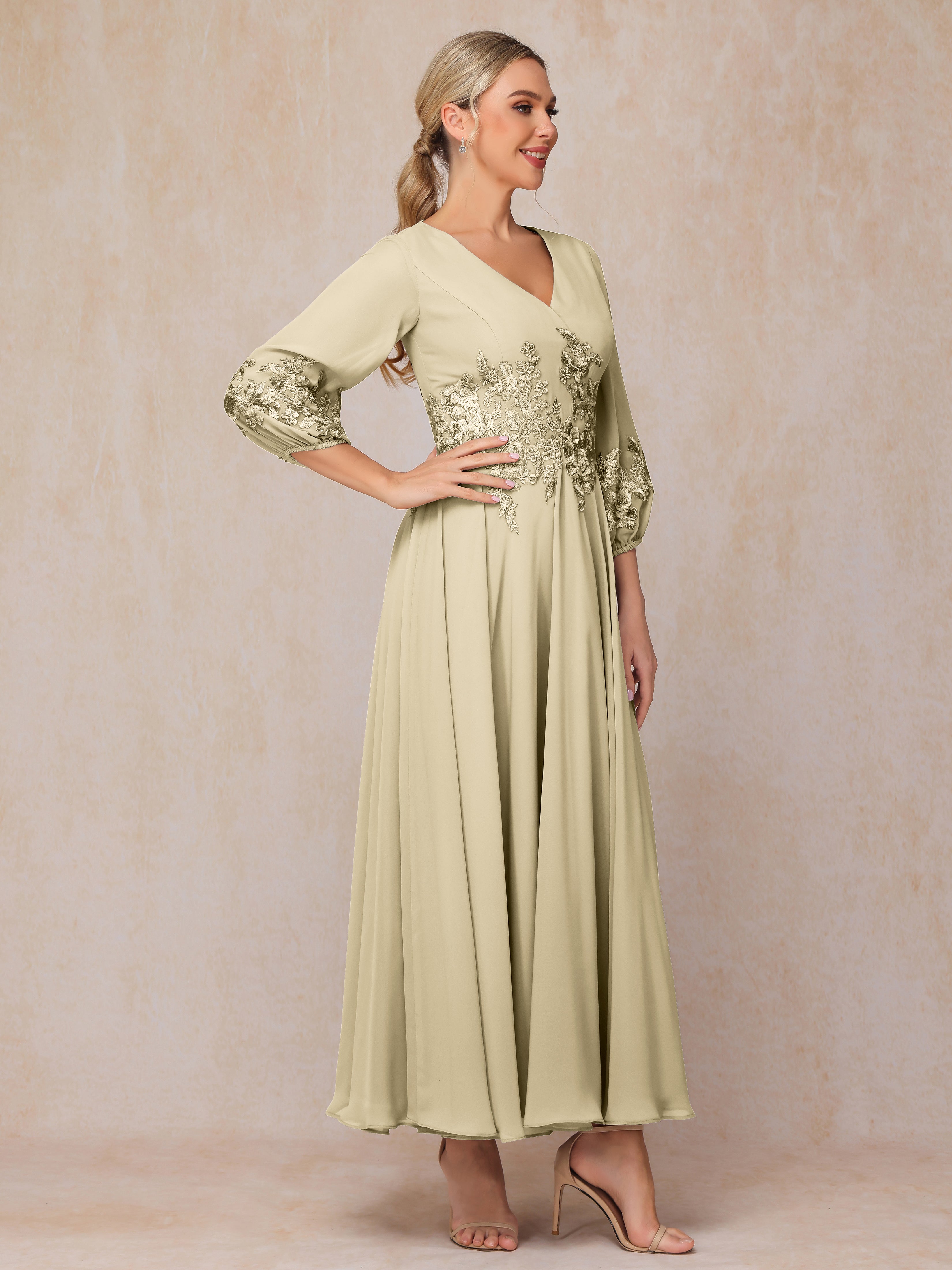 Long Sleeves Appliques Ankle Length Chiffon Mother Of The Bride Dress